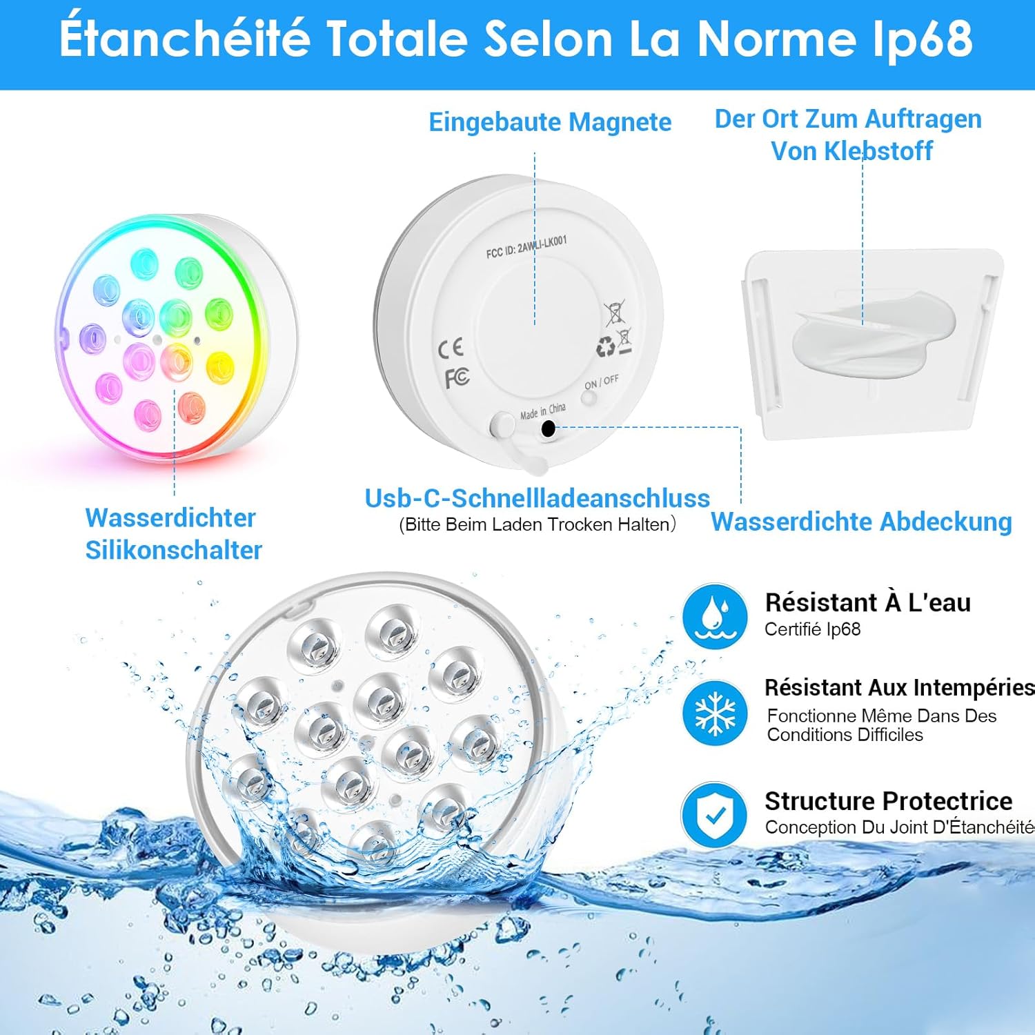 Lampe de piscine LED submersible rechargeable, 4 lumières, IP68, 16 couleurs RVB, avec télécommande, adaptée aux piscines et aquariums - 4