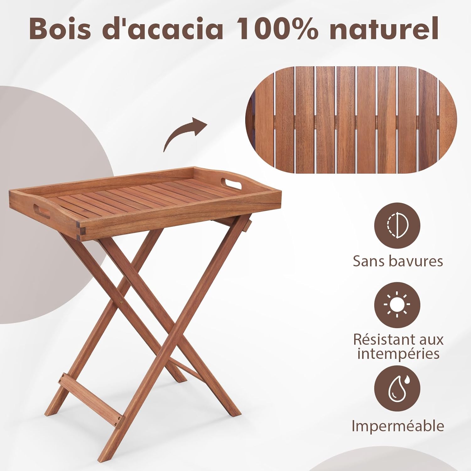 Tavolino Laterale da Giardino in Legno di a Acacia, Tavolino Pieghevole con Vassoio Rimovibile e Struttura a X, Tavolino da Tè per Interni ed - 4
