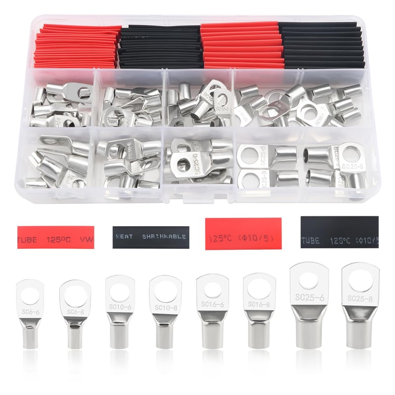 120 sztuk Zestaw końcówek kablowych M6/M8, końcówki kablowe do akumulatora, do kabli elektrycznych, z rurkami termokurczliwymi, srebrne