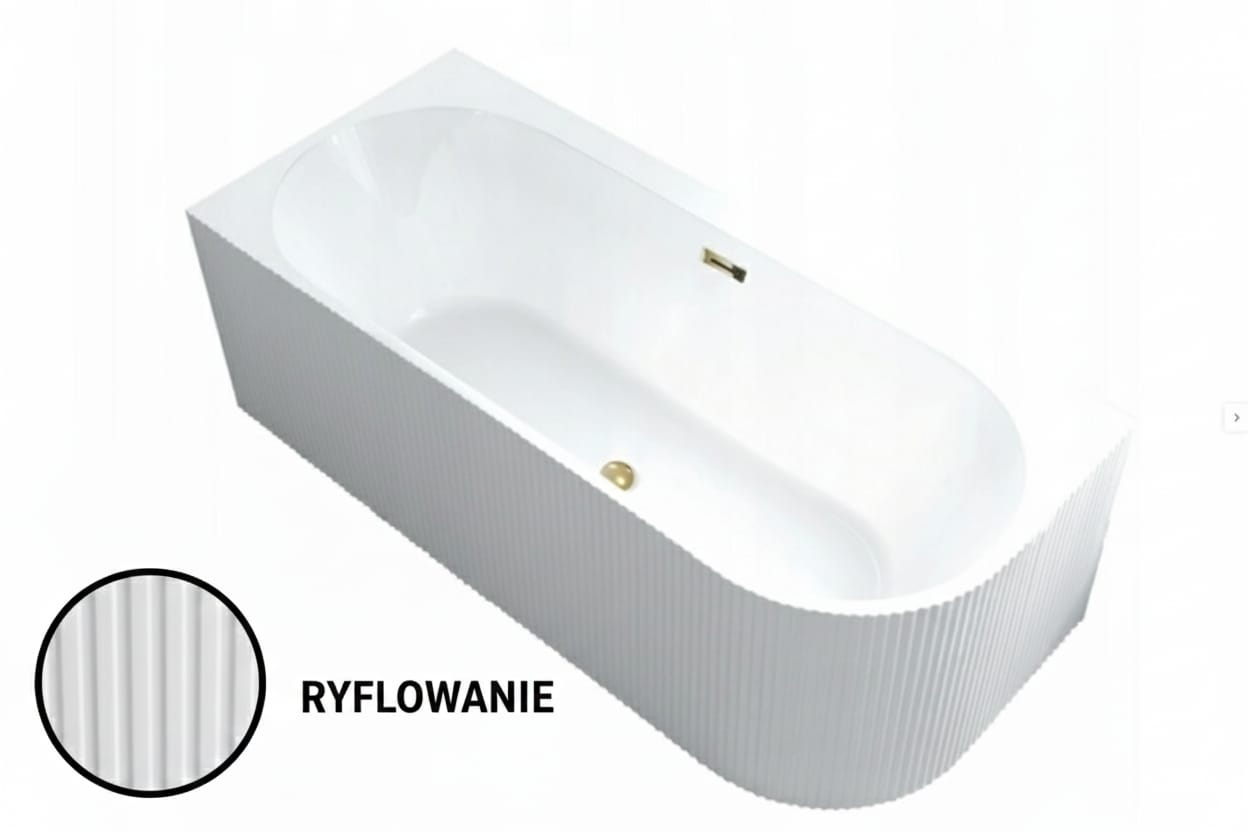 Wanna wolnostojąca CRETE LEWA PLUS 170 x 75 cm biała system przelewowy pionowe paski ryflowana prążkowana AKCESORIA SZARE (KOREK I PRZELEW)