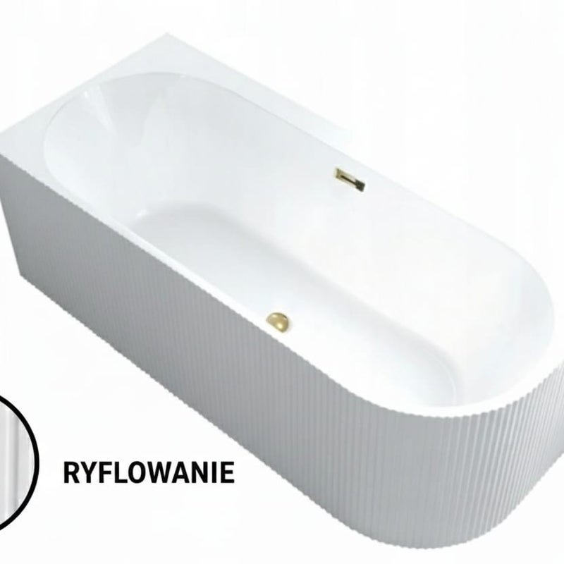 Wanna wolnostojąca CRETE LEWA PLUS 170 x 75 cm biała system przelewowy pionowe paski ryflowana prążkowana AKCESORIA SZARE (KOREK I PRZELEW)