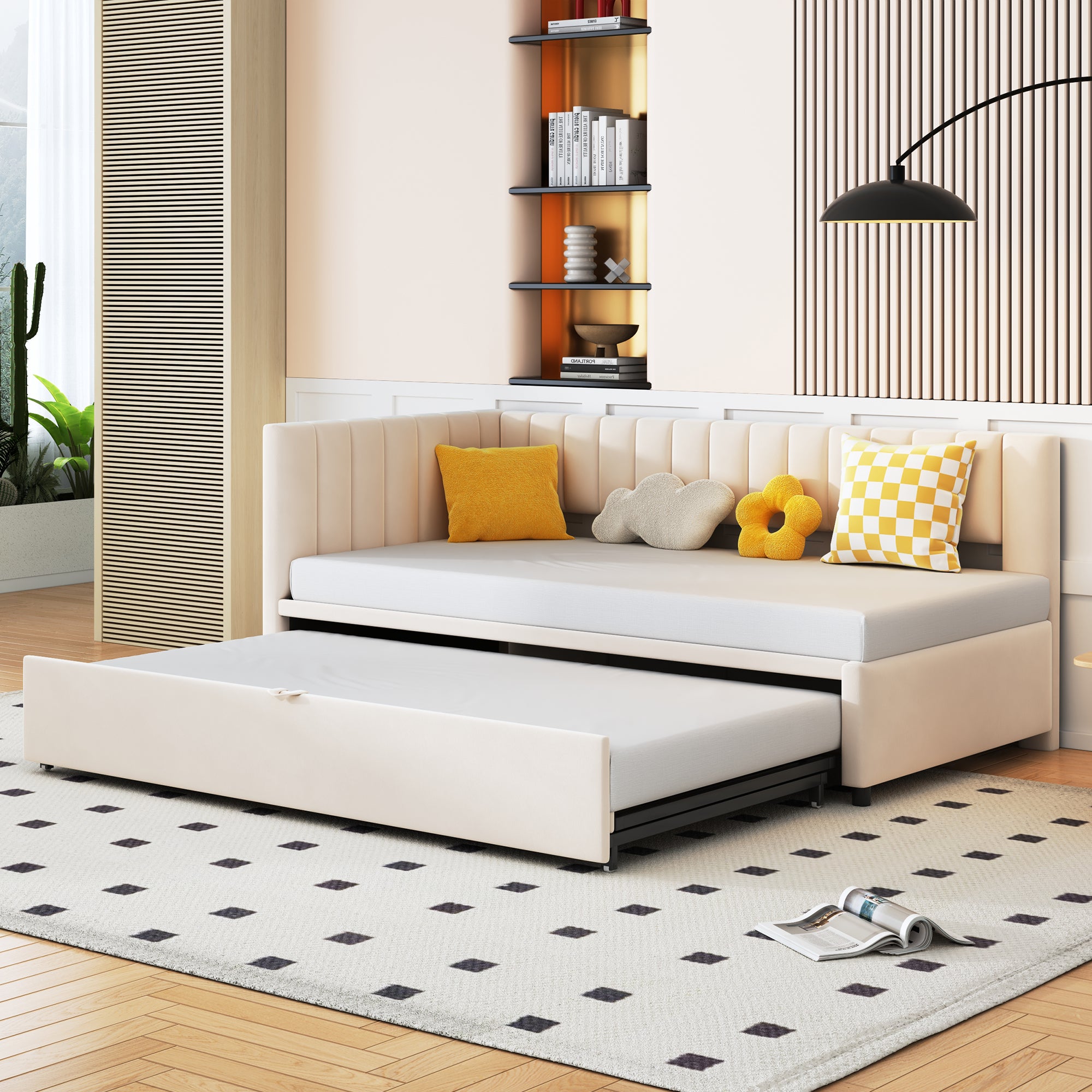 Lit gigogne 90/180 x 200 cm en forme de L, Canapé-lit - Velours - Sommier à lattes - Beige (sans matelas) - 2