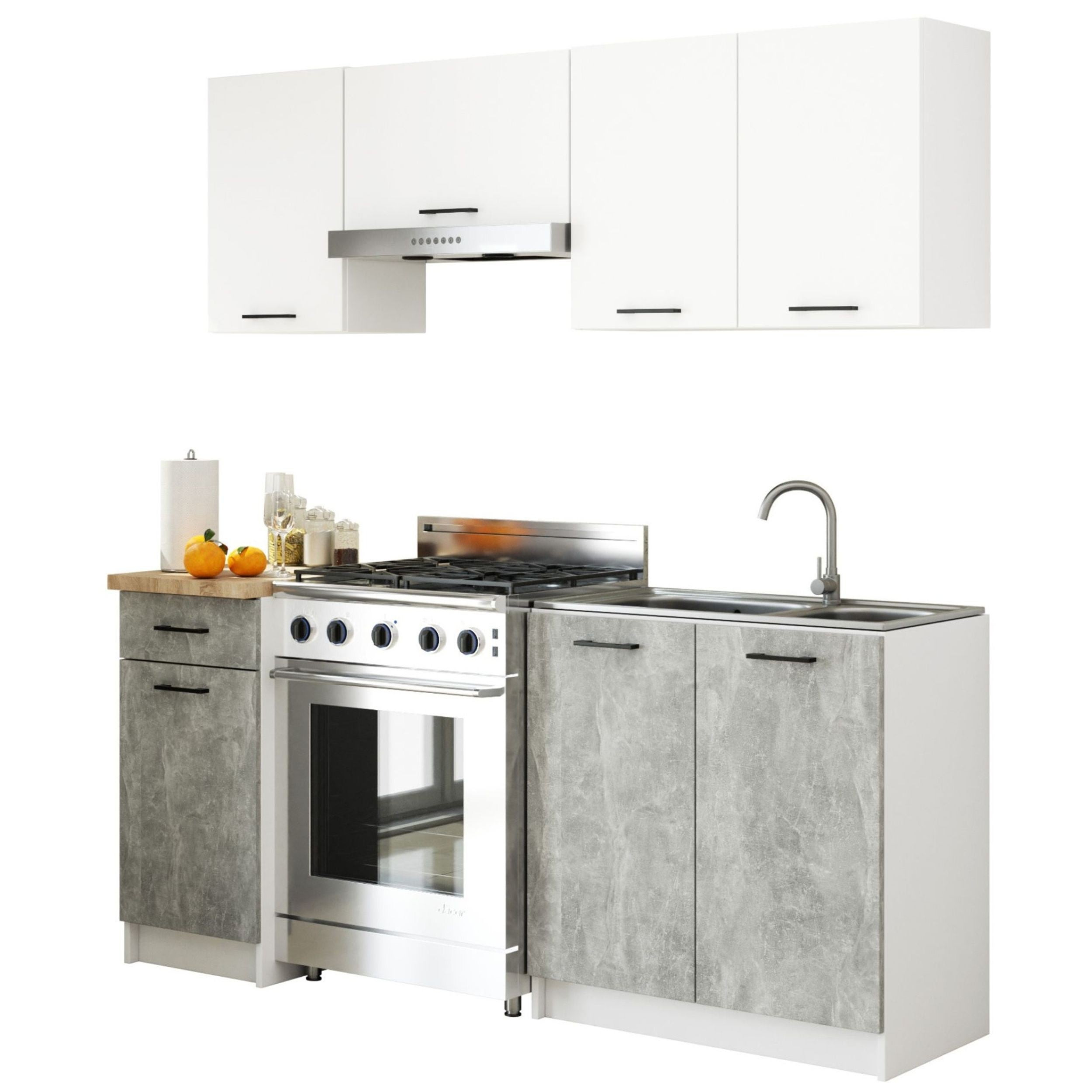 Zestaw kuchenny AKORD OLIWIA 1.8m Biała 180 cm 7 drzwi 1 szuflada kolor Beton mat 8 półek 180x46x203 cm