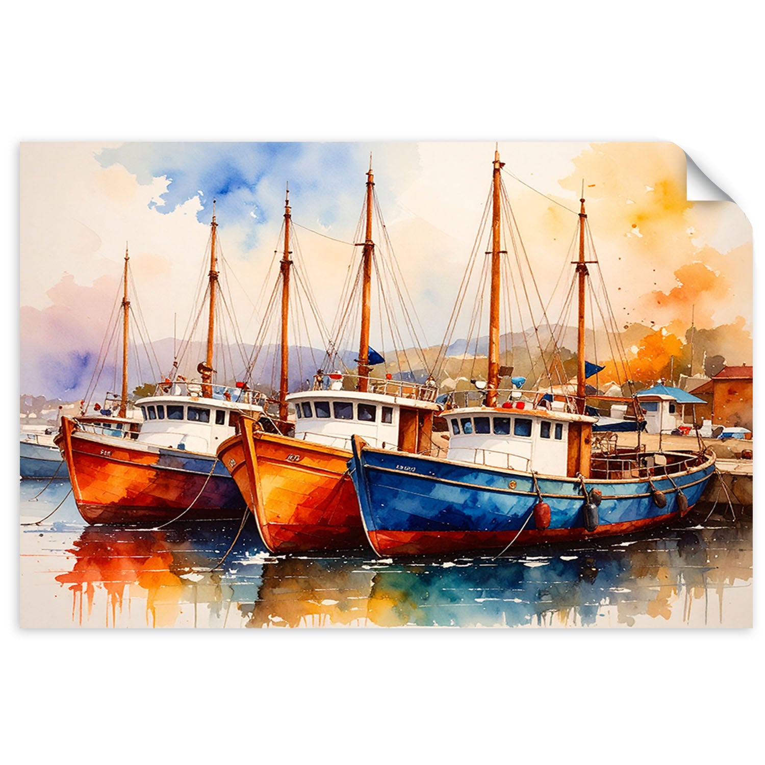 Naklejka na ścianę, Kolorowe Łodzie Statki w porcie 90x60