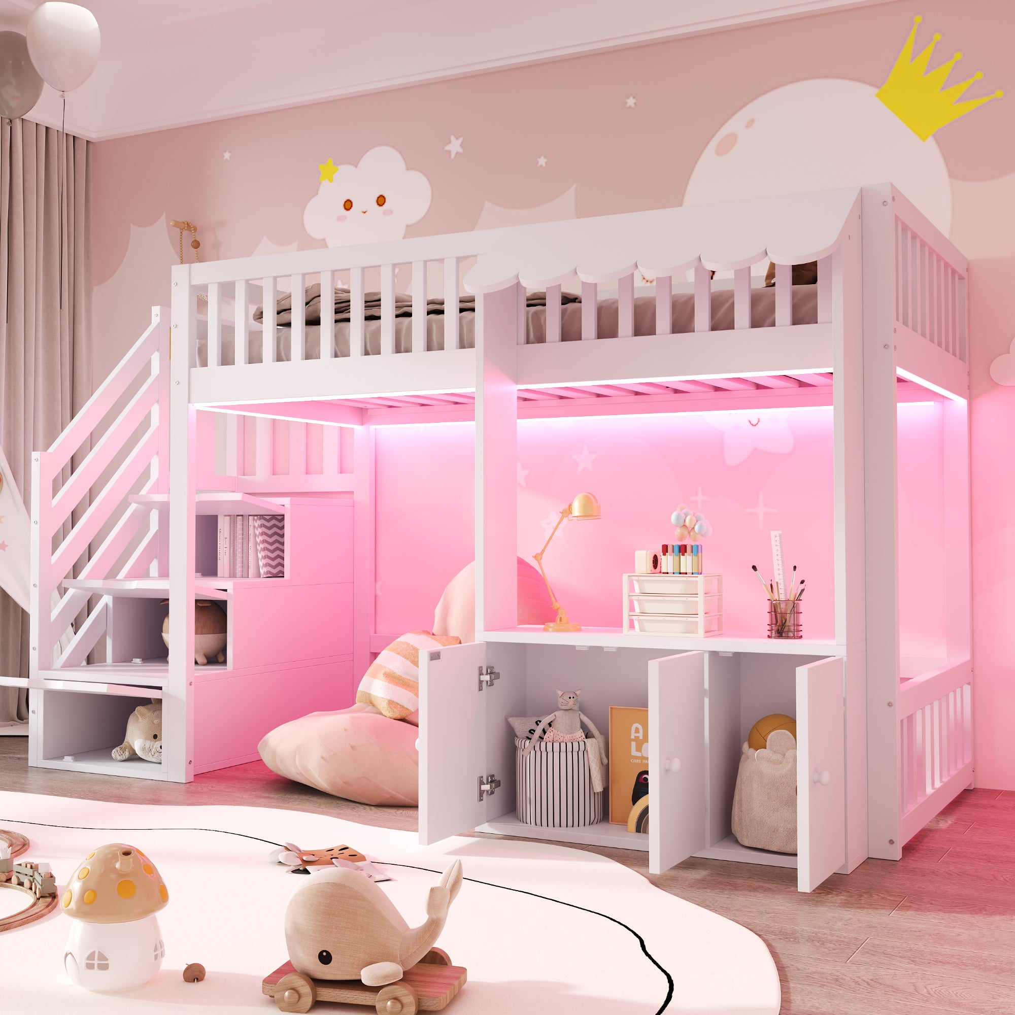 Łóżko piętrowe 90 x 200 cm z szafą i 3 drzwiami - lite drewno + płyta MDF - diody LED - białe (materac nie jest wliczony w cenę)