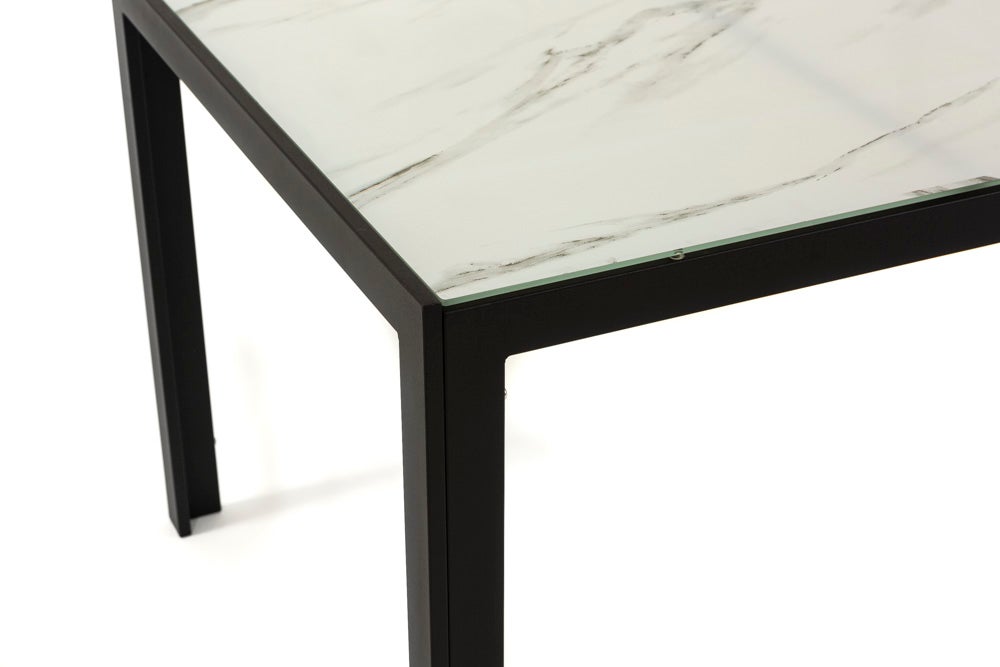 Mesa rectangular fija 150x90 cm con estructura de aluminio y superficie de vidrio decorado Milo para interiores/exteriores mármol blanco/Antracita - 2