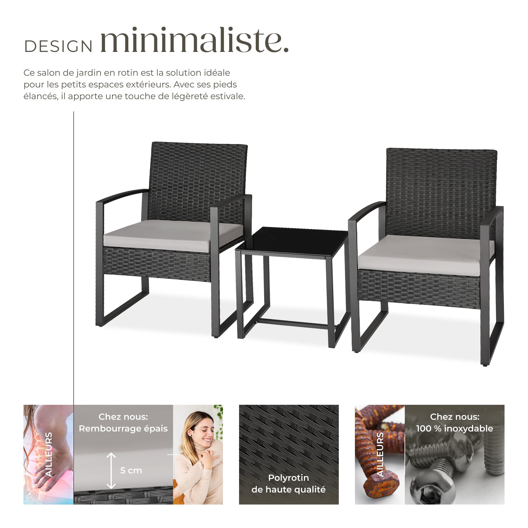 Lot de 2 chaises et table en poly rotin, structure acier époxy résistante, 58 x 55,5 x 78 cm gris clair/noir TECTAKE - 3