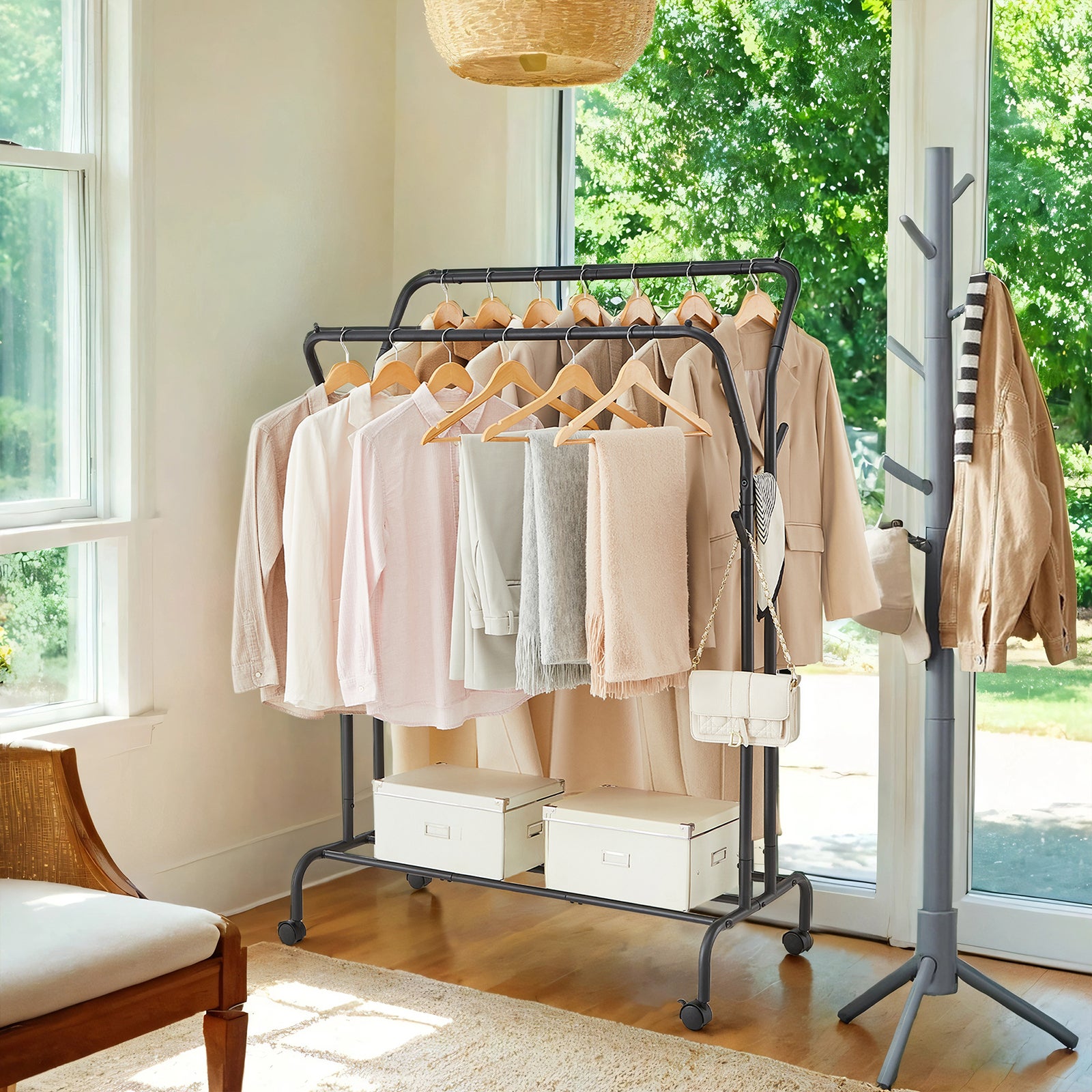 Portant à Vêtements, Double Barre avec Roues, Robuste, Rangement et Présentation de Vêtements, Noir - 2