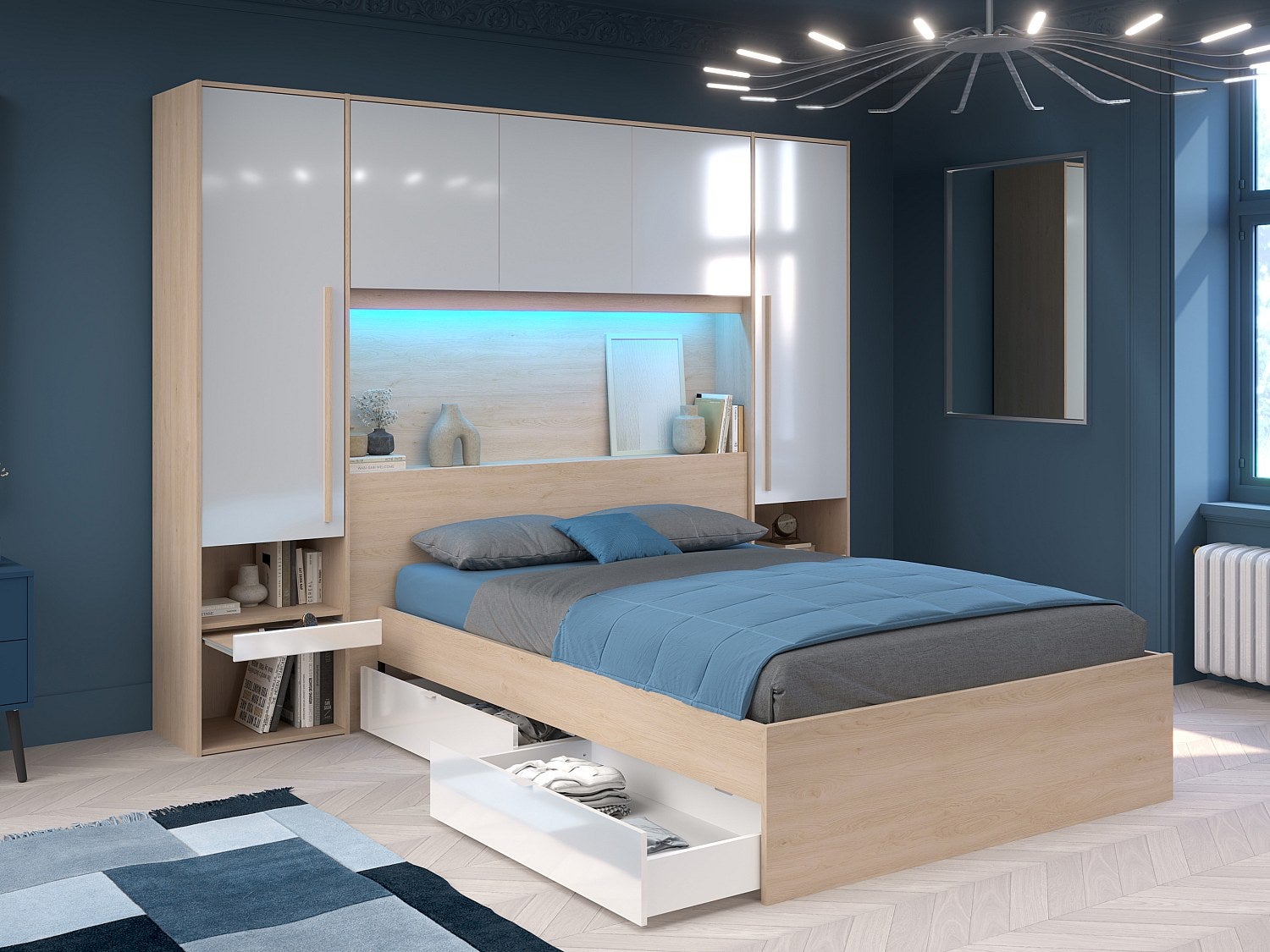 Łóżko z zabudową i schowkami 140 x 190 cm - Z oświetleniem LED - Naturalny i biały z połyskiem - VELONA