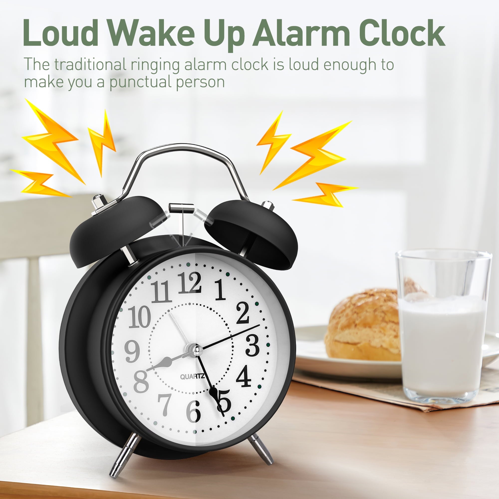 Réveil super fort pour gros dormeurs, 4 pouces double cloche avec rétroéclairage, Silencieux, Cadran lumineux, Noir - 3