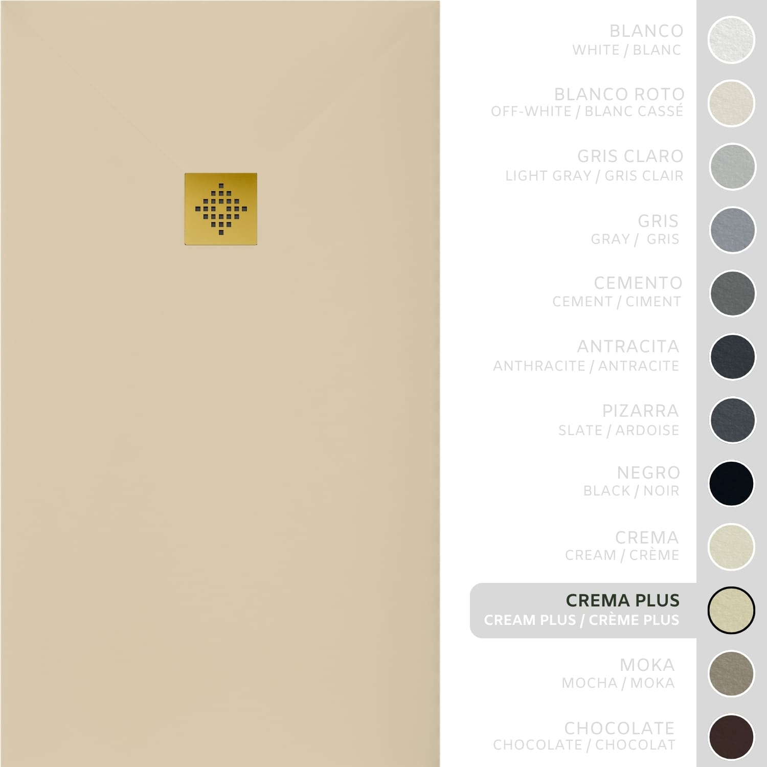 SOULHOME Brodzik prysznicowy– Żywica– Gel Coat– Gładka/Kamienna tekstura – Antypoślizgowy – intensywnie kremowy – 170x75- Niski 3 cm– Ruszt Złoty