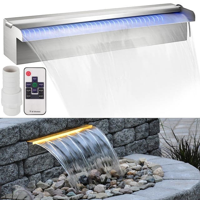 Fontaine de la Piscine,étang Argent VEVOR 220V en Acier Inoxydable 304 Cascade Bassin Extérieur 45x11.5x8 cm avec 1 Conduit d'Eau et un Télécommande