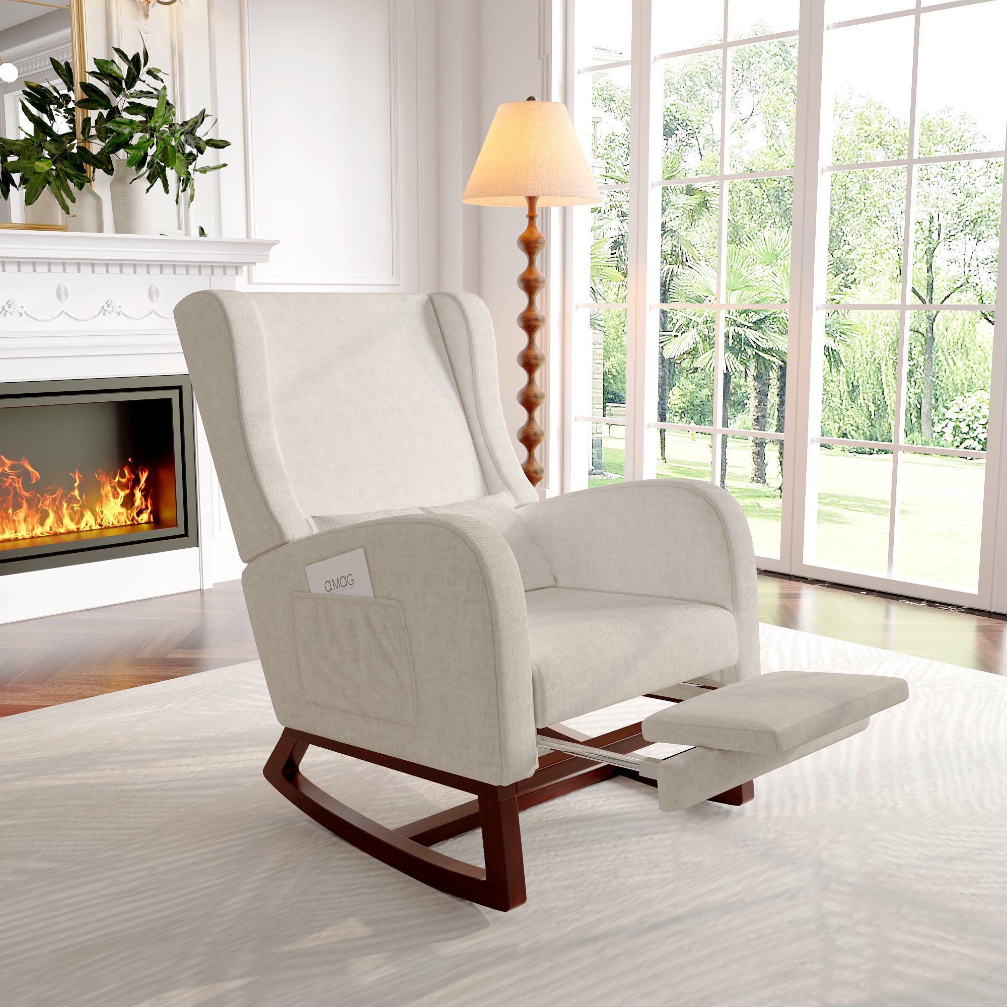 Fauteuil à bascule, avec Repose-jambes télescopique, 2 poches, Oreiller, accoudoirs, Rocking chair de capitonné en lin - Beige - 3