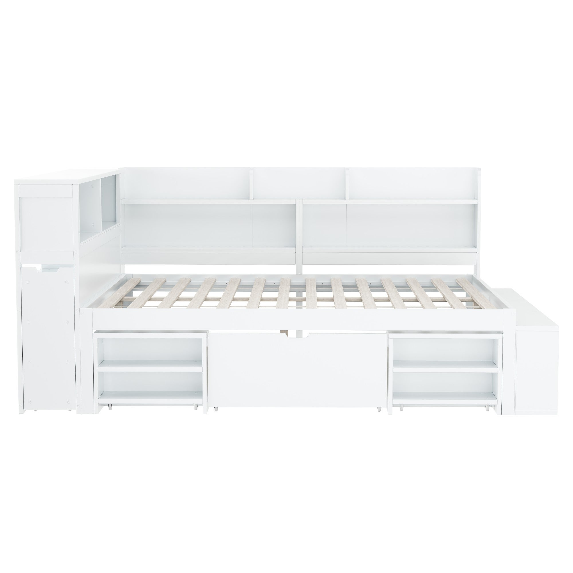 Lit d'enfant 140*200 cm, avec tiroirs, étagères et rangements, sommier à lattes, blanc - 5