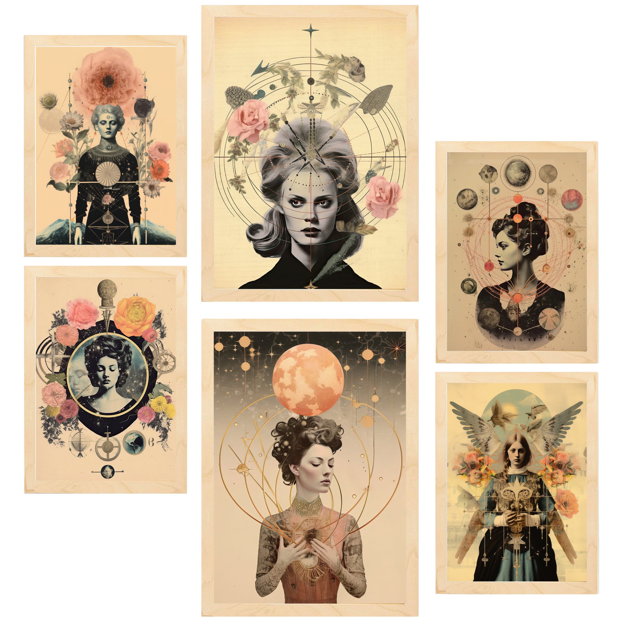 Nacnic set de 6 pósters collage surrealista floral estilo esoterico mistico marco madera clara