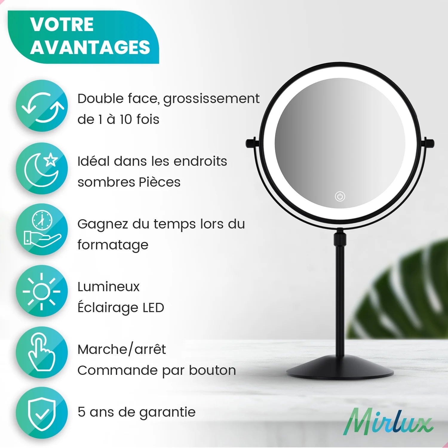 Mirlux Miroir de maquillage avec éclairage LED - Grossissement x10 - Hauteur réglable - 3 intensités lumineuses - Rechargeable - Noir - 3