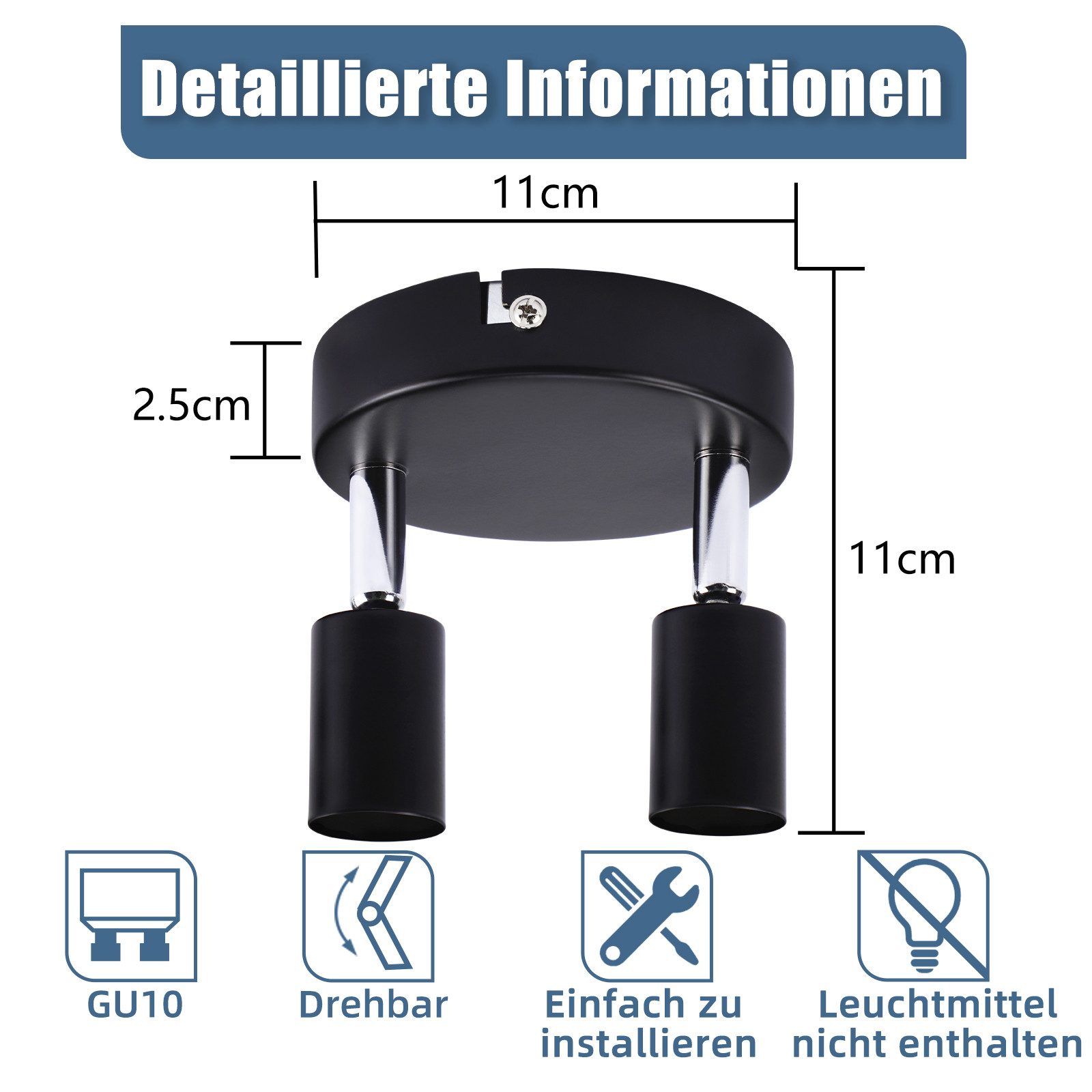 NETTLIFE Spot de plafond LED noir 2 ampoules orientable 350° GU10 industriel - 9