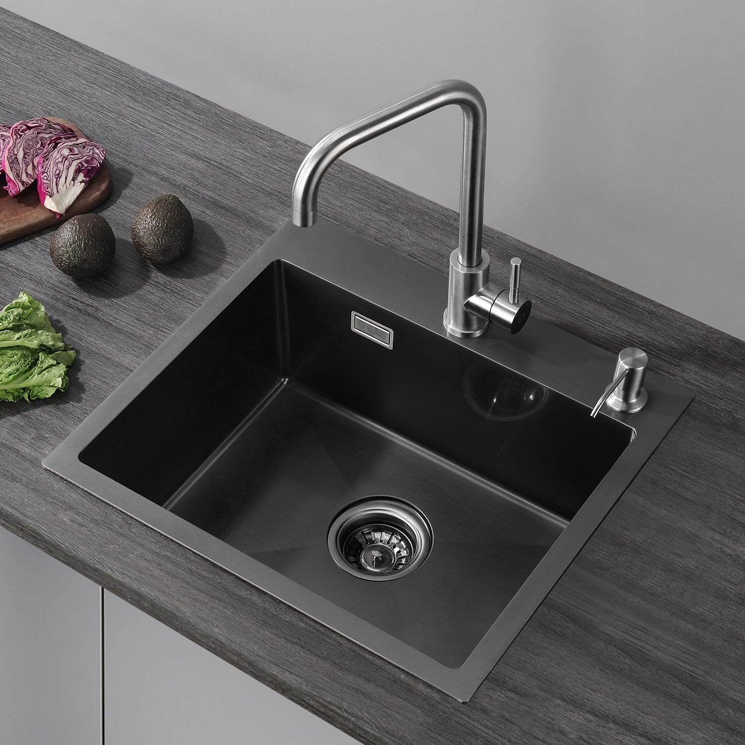 Cecipa max Evier Cuisine 1 Bac Évier Inox 1 Cuve avec Siphon et Trop-Plein Évier de Cuisine en Couleur Noir Anthracite 50×45×18.5CM,EU Modèle - 9