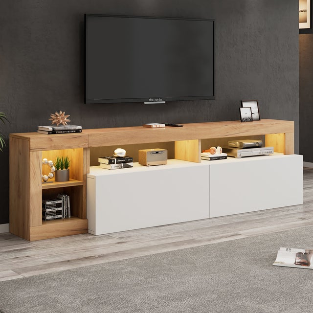 Meuble TV blanc et bois, meuble TV LED avec espace de rangement ouvert, pour chambre, salon