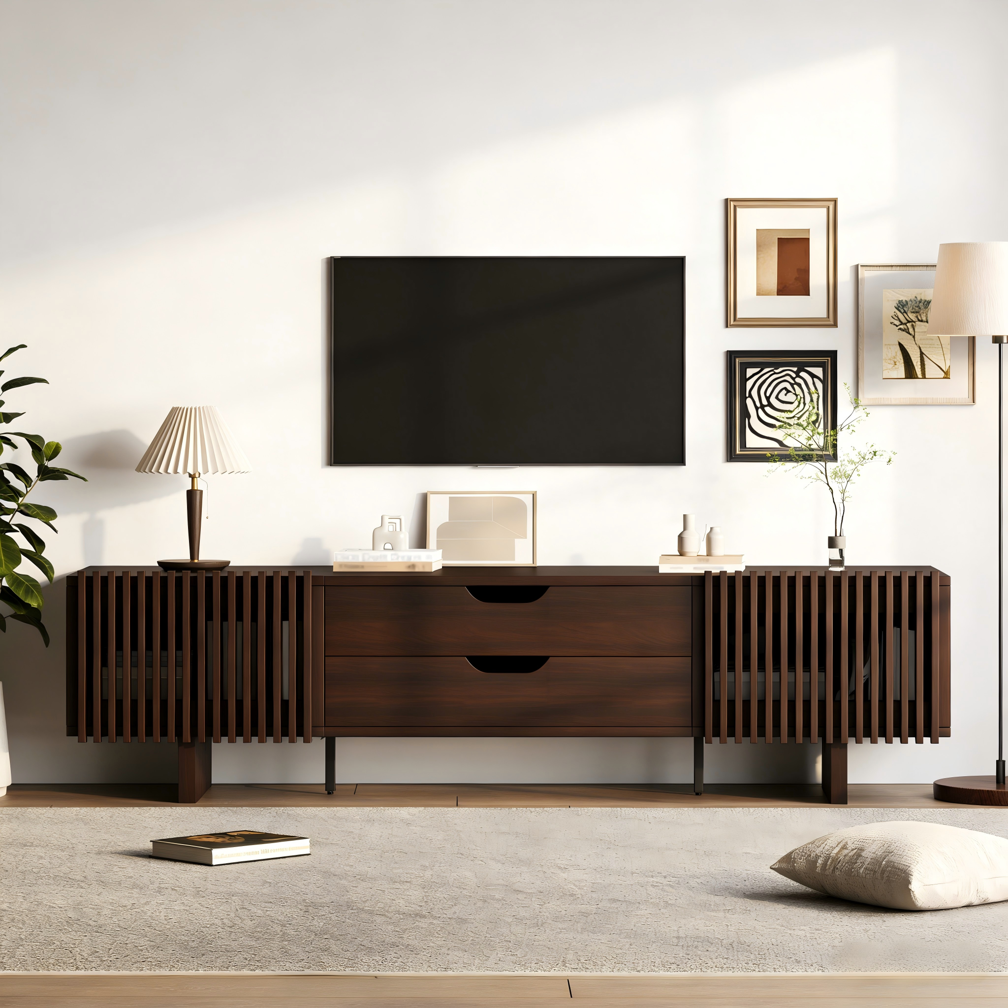 Modernluxe  Mueble De Tv 180X40x45 Cm, Con 2 Cajones Y 2 Puertas De Lamas, Chapa De Nogal, Mdf, Color Nogal Oscuro , Leroy Merlin