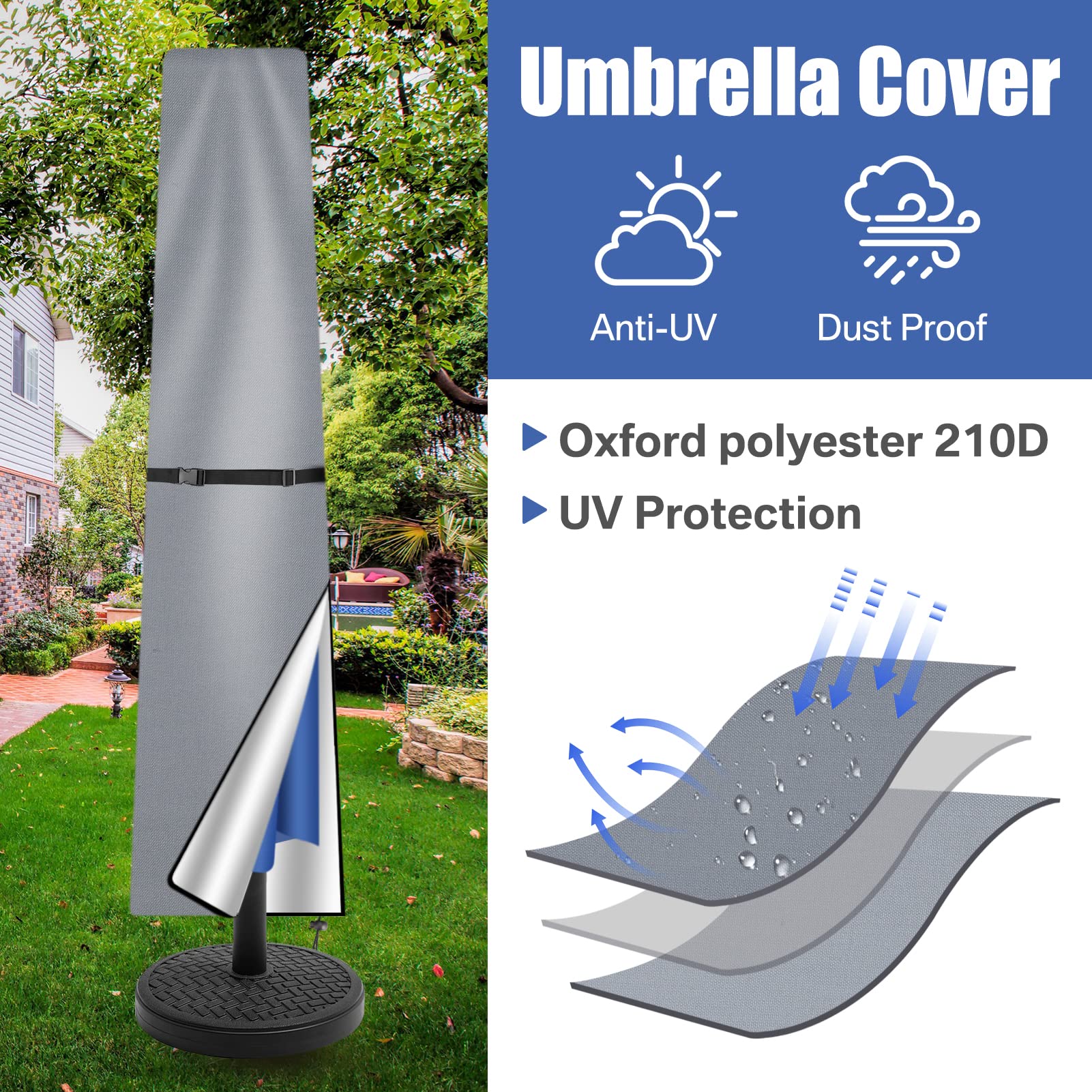 Housse de protection pour parasol de jardin de 2 à 3 m avec fermeture éclair et mât, imperméable et résistante, grise - 3