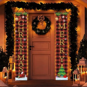 COLOFALLA Lot De 2 Bannières De Porte Noël – Joyeux Noël & Bienvenue En Français Avec Gnomes Festifs, Décoration Extérieure Rouge 180x30 Cm