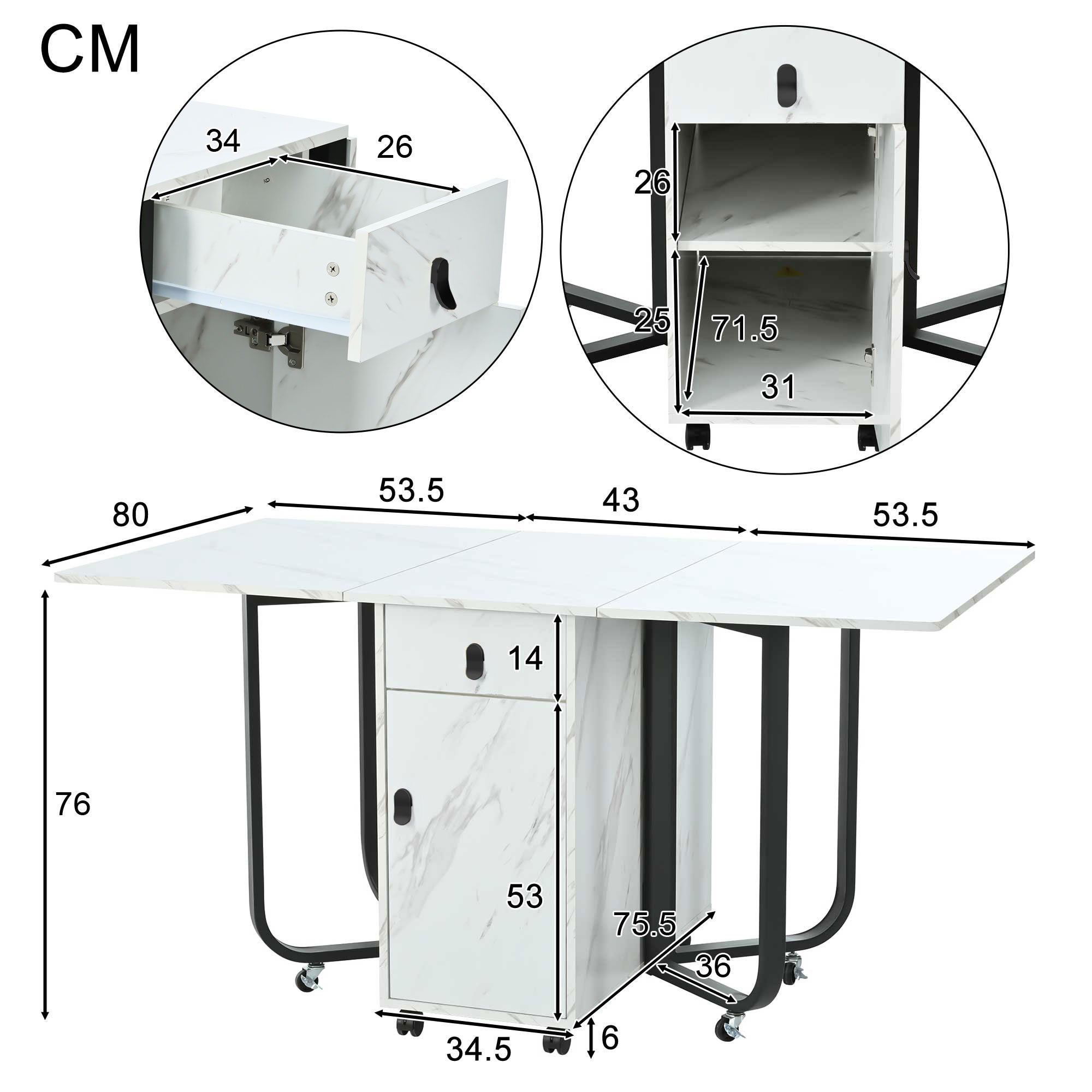Table de salle à manger rabattable 150x80x76 cm avec 2 tiroirs, armoire, rangements, en MDF, couleur blanche et noire - 3