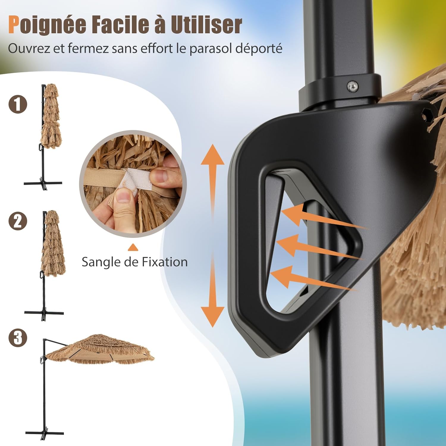 2,7M Parasol Paille en PE, Parasol Déporté Suspendu de Style Hawaïen Tropical, avec Double Toits, 8 Baleines, Base Non Incluse - 5