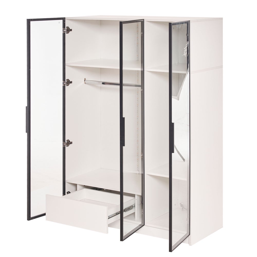 Spacious White Wardrobe with 3 Glass Doors, 1 Drawer, 1 Hanging Rod, LED Light - 11050160 cm - 6