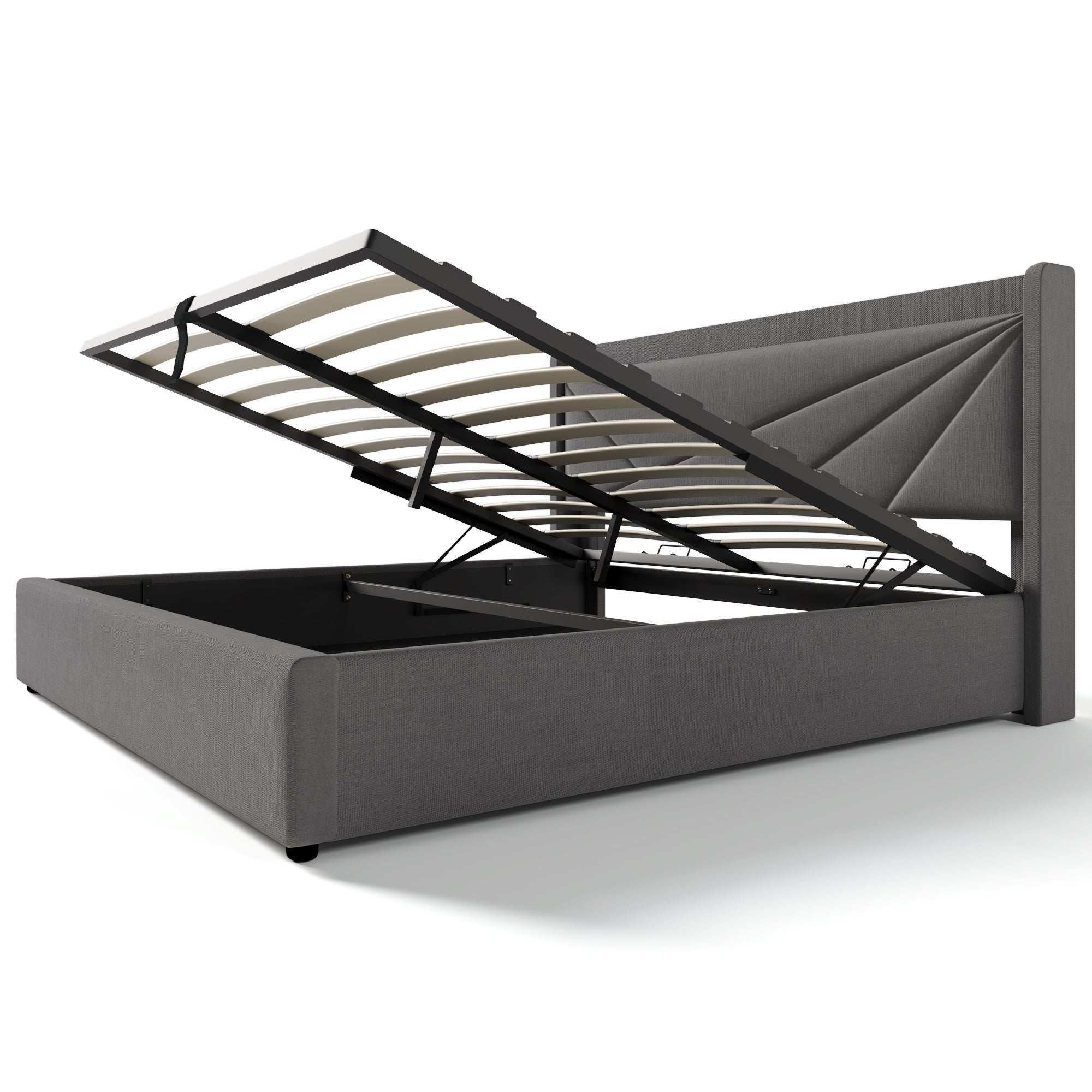 Lit Coffre Lit Adulte Double 160x200 cm - Charge USB - Rangement en Dessous - Sommier Inclus - Coton Lin Gris (Sans Matelas) - 6