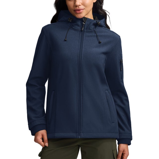 Veste de Travail Femme Taille L Blouson & Softshell - Imperméable, Anti-Vent, Fourré Chaud, Poches Multiples, Capuche - Bleu foncé