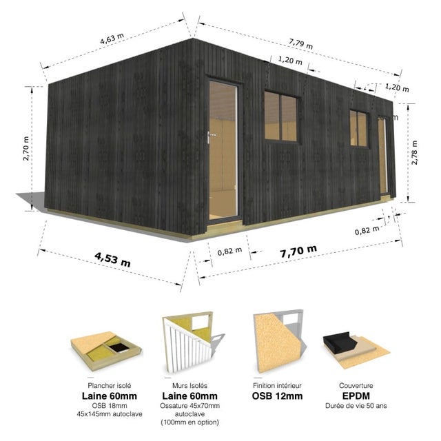 STUDIO DE JARDIN / 35,8 m2 - 7,75 x 4,62m / Plancher isolé / Bardage Noir / Intérieur OSB / Livraison Gratuite