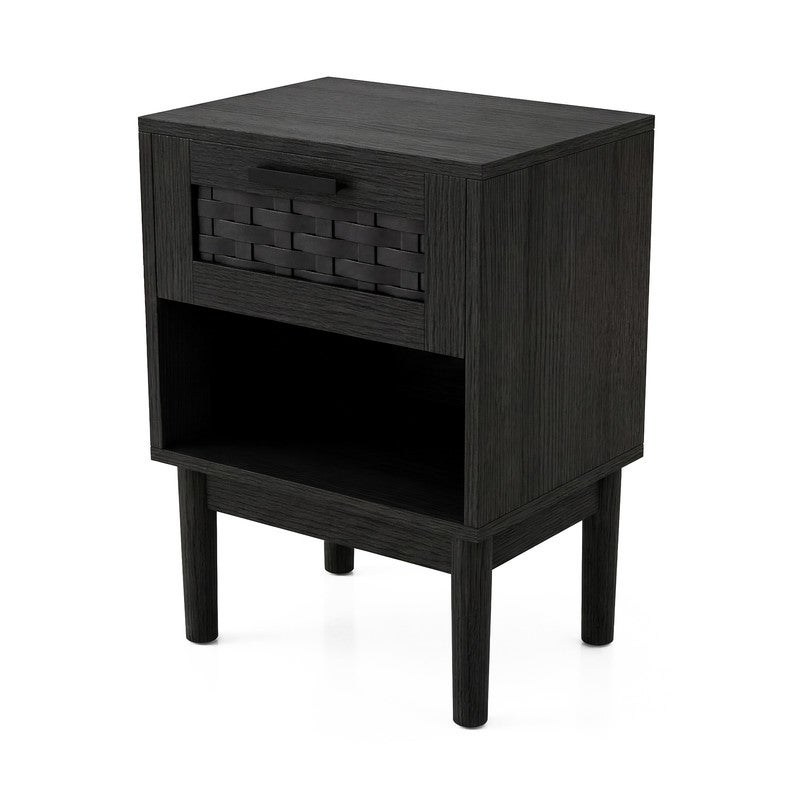 Lot de 2 Table de Chevet, Un Tiroir, Tressage en Rotin, Table de Chevet Moderne, Cadre en Bois, Noir, Table de Chevet - 9