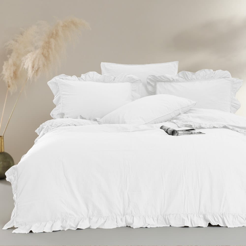 Pościel bawełniana z falbanką 160x200 Stonewashed Exclusive, Optic White, biała - Limasso
