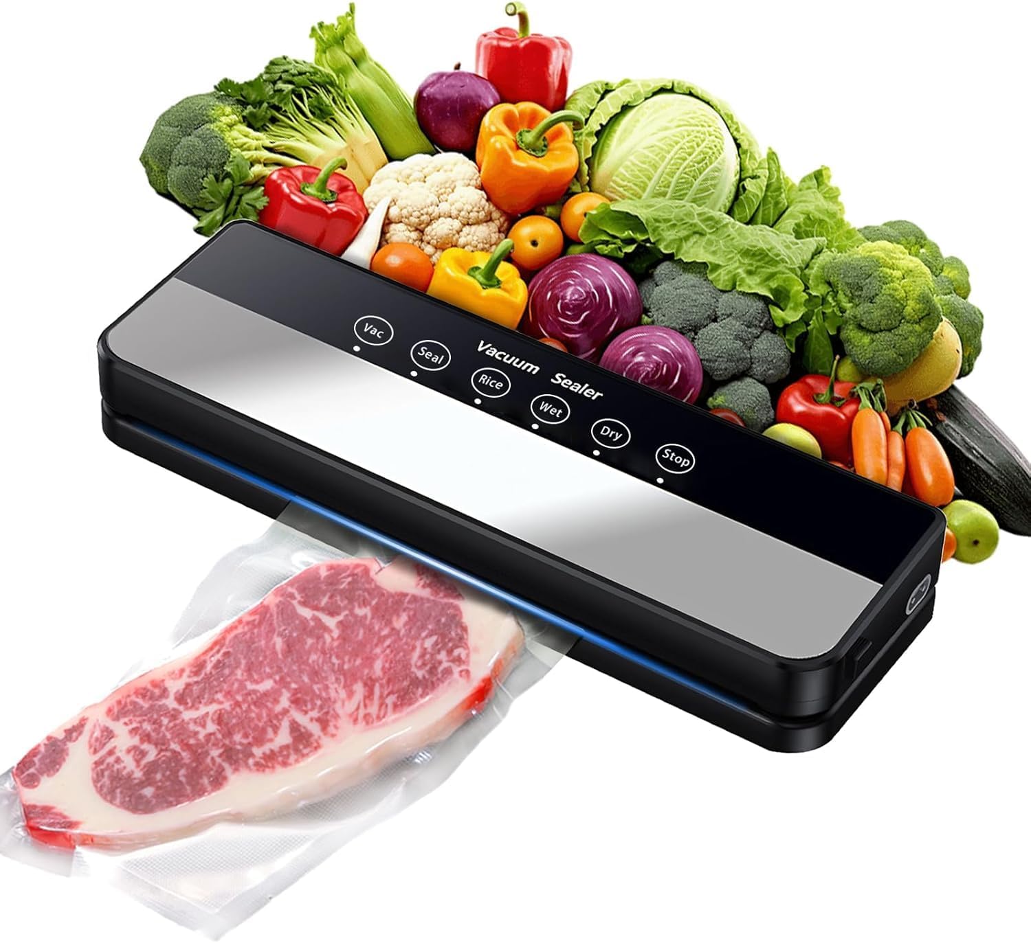 AIRMSEN Machine Sous Vide 95 KPa Avec Fonction Gonflage - Modes Sec/Humide, Double Scellage, Coupe-Sac Intégré - Conserve Les Aliments 8x Plus Longtemps