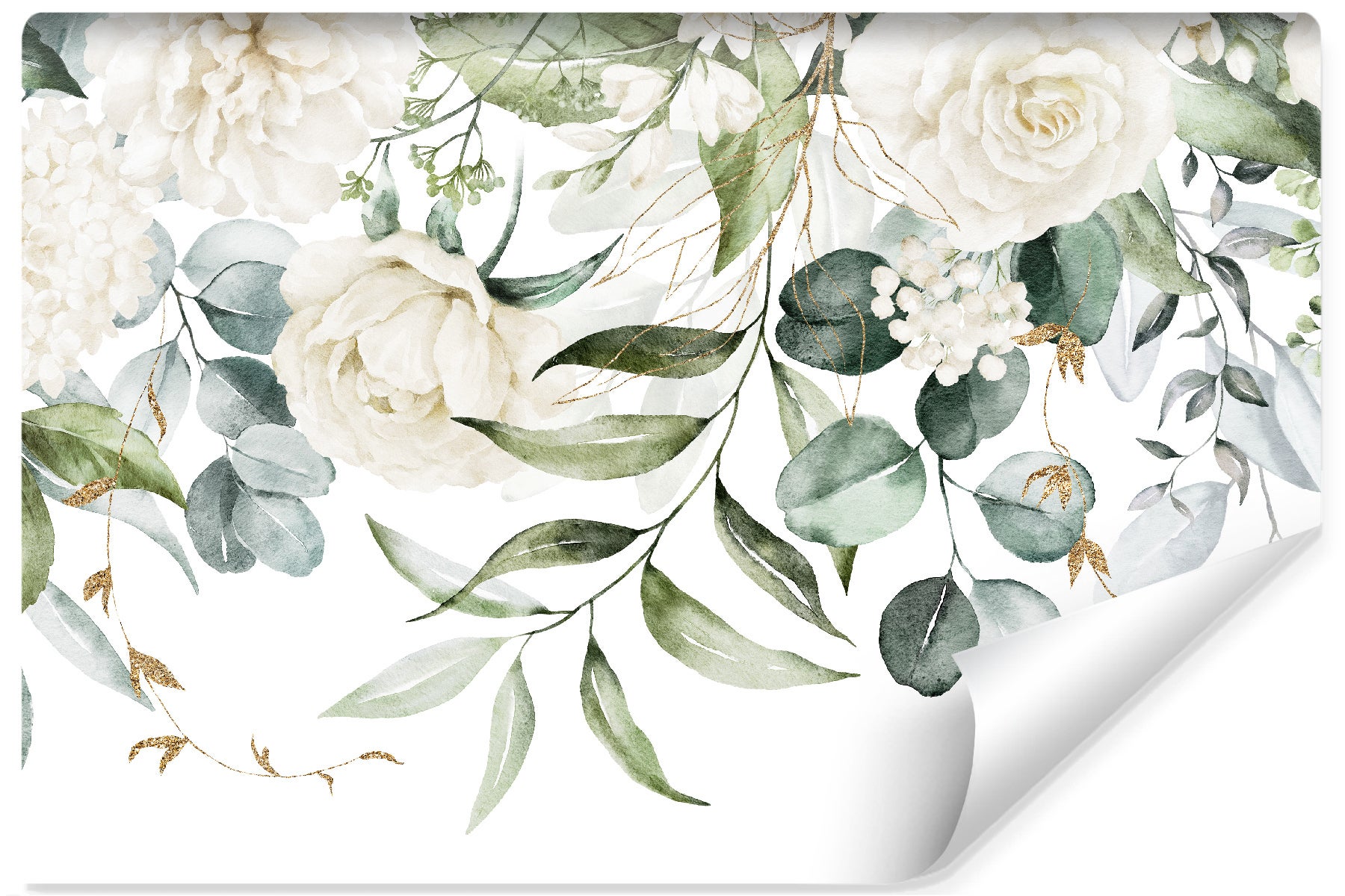 Papel pintado vlieseline foto rosas hojas blancas naturaleza para sala 400cm x 280cm