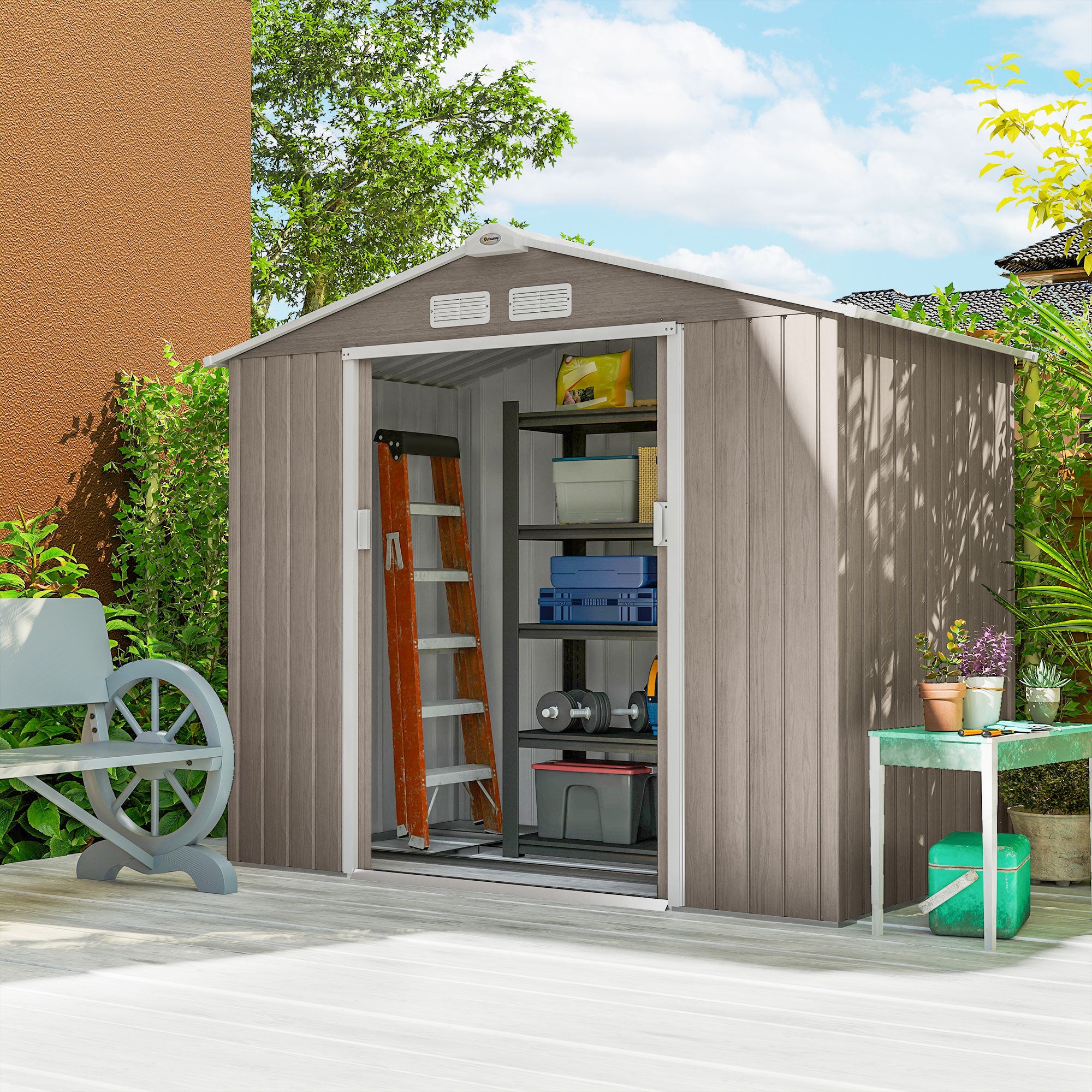 Cobertizo de Jardín Outsunny Acero Galvanizado Madera Natural 213x130x185 cm - 4