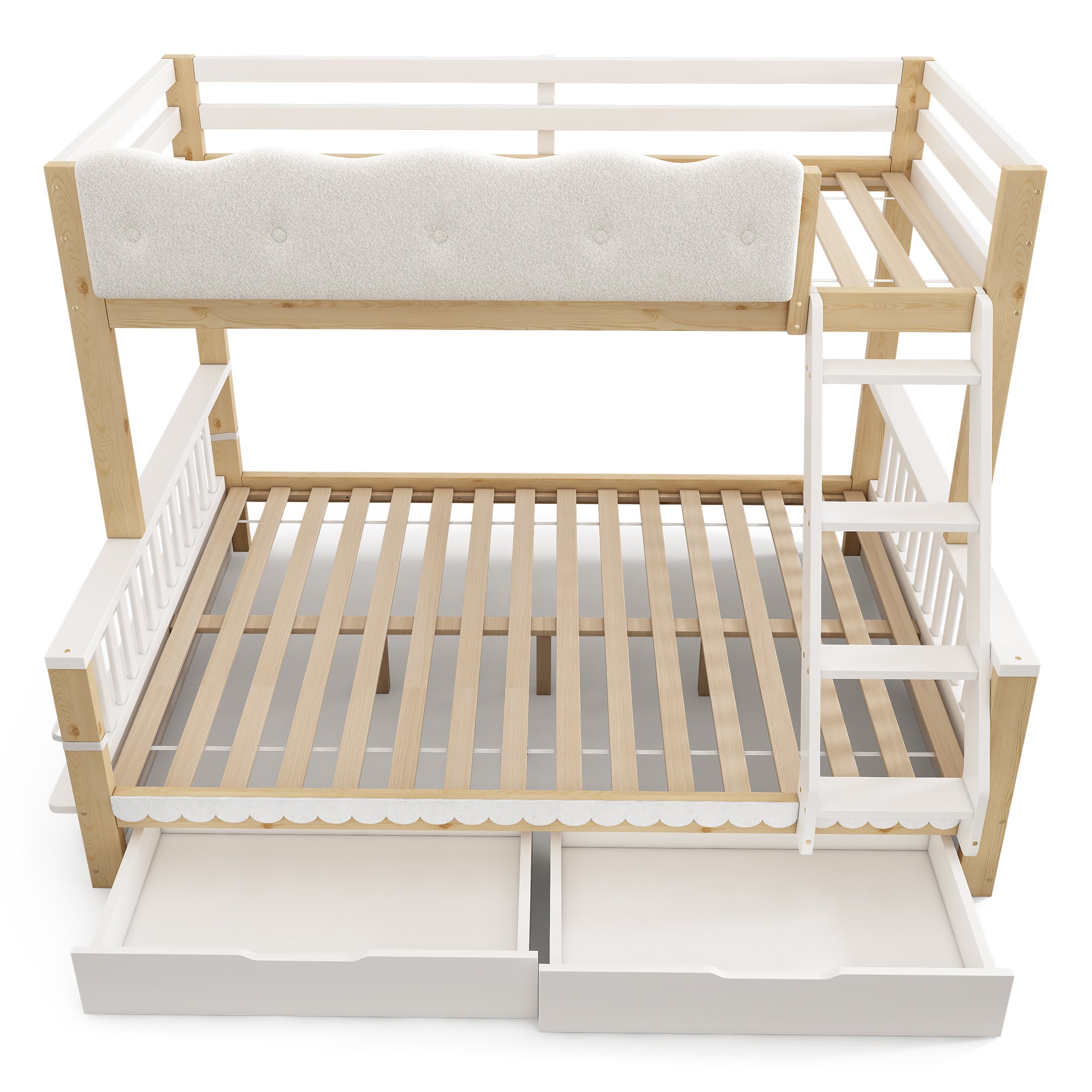 Lit superposé 3 places 140/90x200cm avec 2 tiroirs,Forme de nuage avec porte-revues et garde-corps , lit familial en bois avec sommiers - Blanc+Chêne - 7