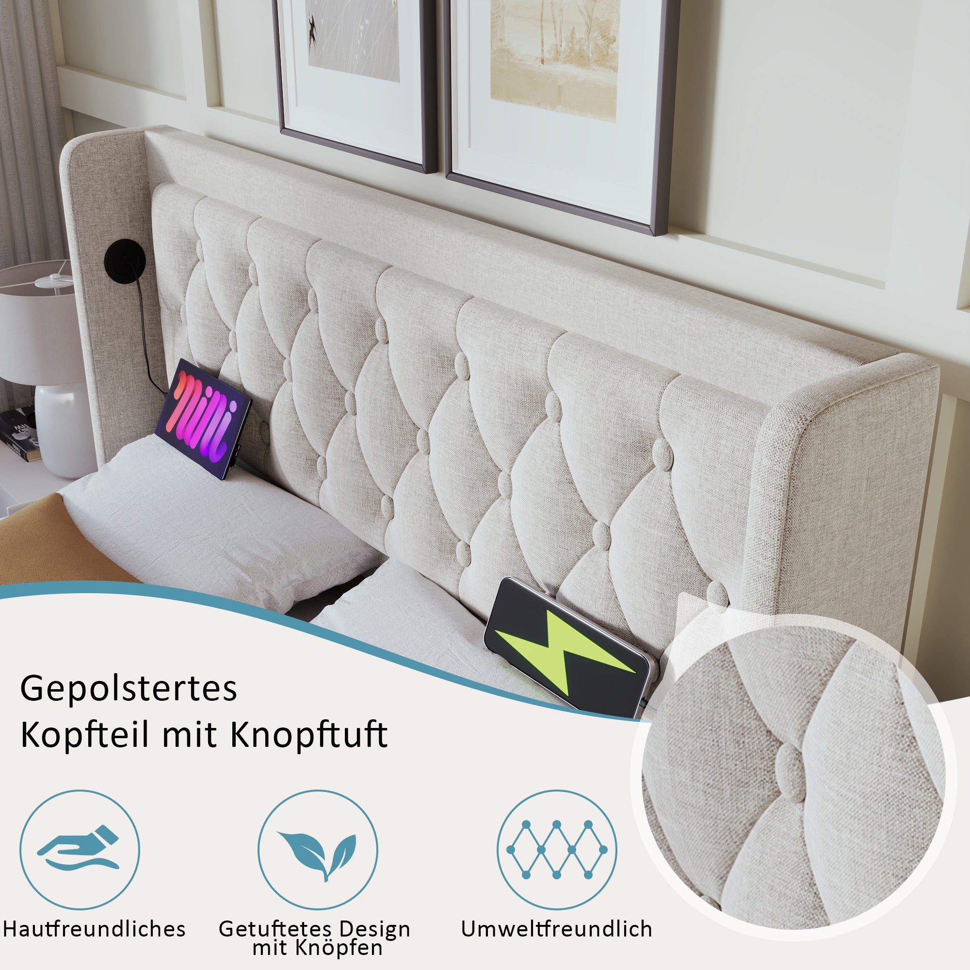 Łóżko Double 160x200 cm z materacem - Poduszka głowieniowa z wypełnieniem USB-C - Drewno bawełniane Beige - Łóżko z hydraulicznym przechowywaniem - 7