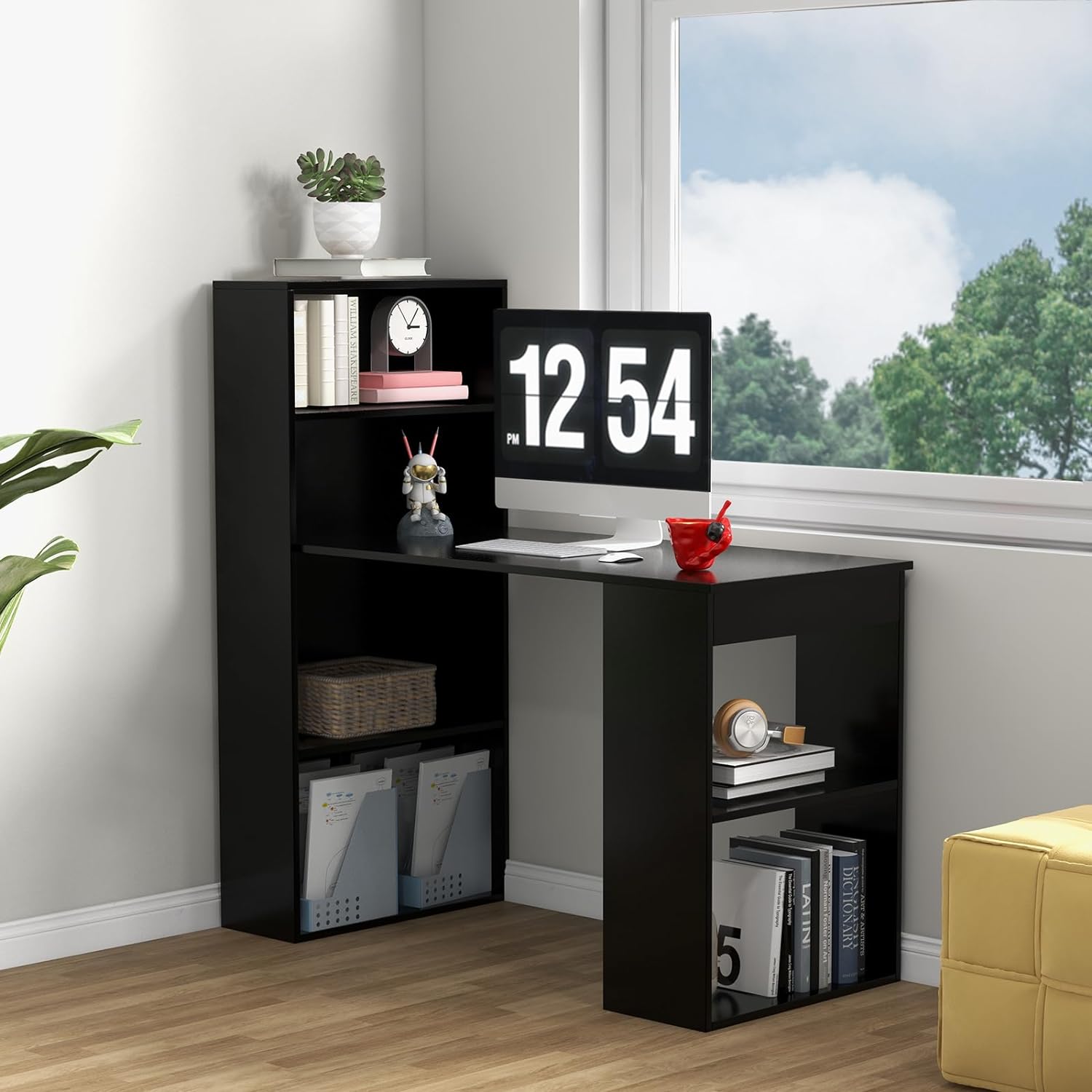 Bureau d'Ordinateur Réversible avec Bibliothèque, Assemblage Facile, pour Maison, Bureaux (Noir) - 2