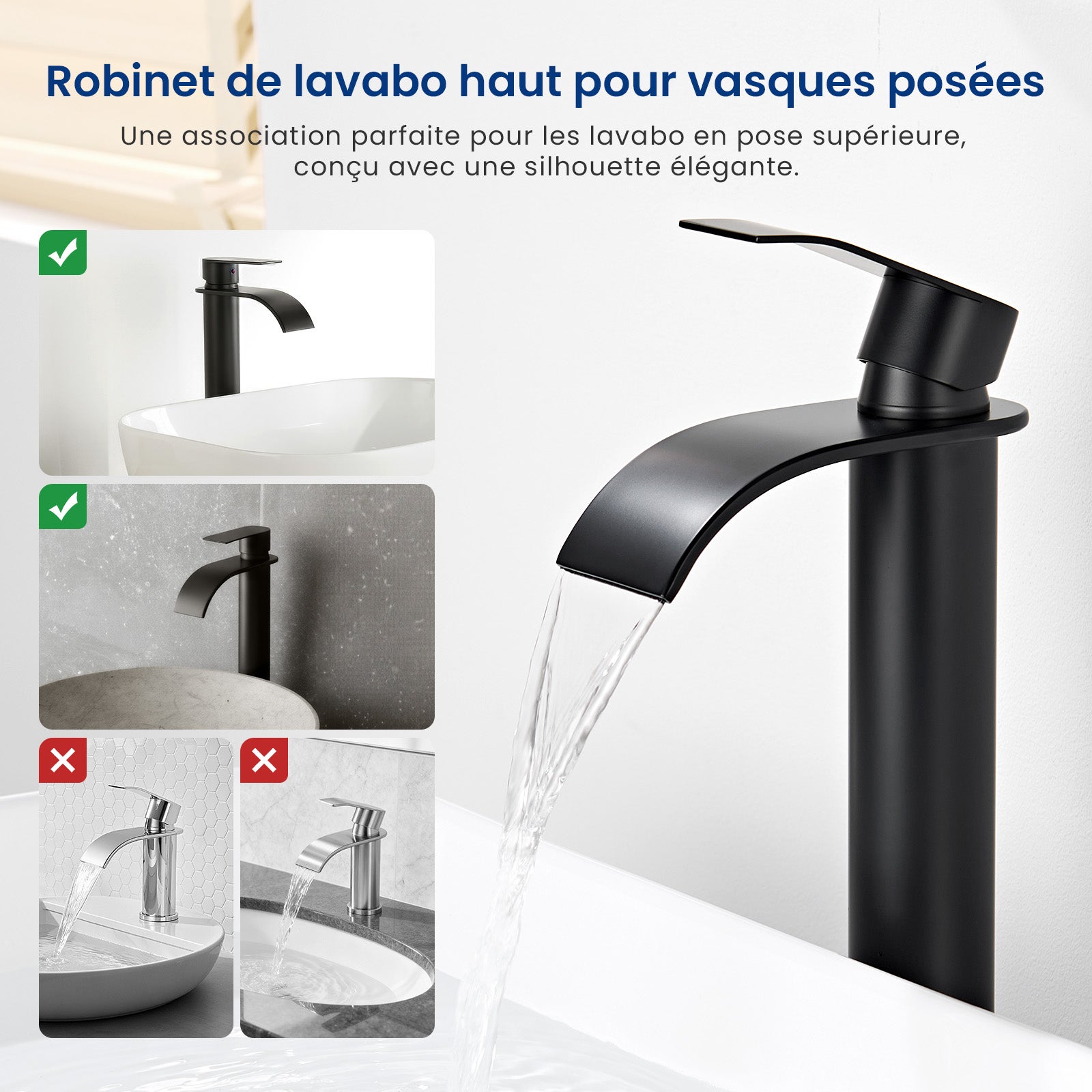 Mitigeur Robinet de Lavabo Cascade Noir Moderne Mitigeur Robinet Salle Bain pour Vasque à Poser Robinetterie Convient pour un Lavabo - 2
