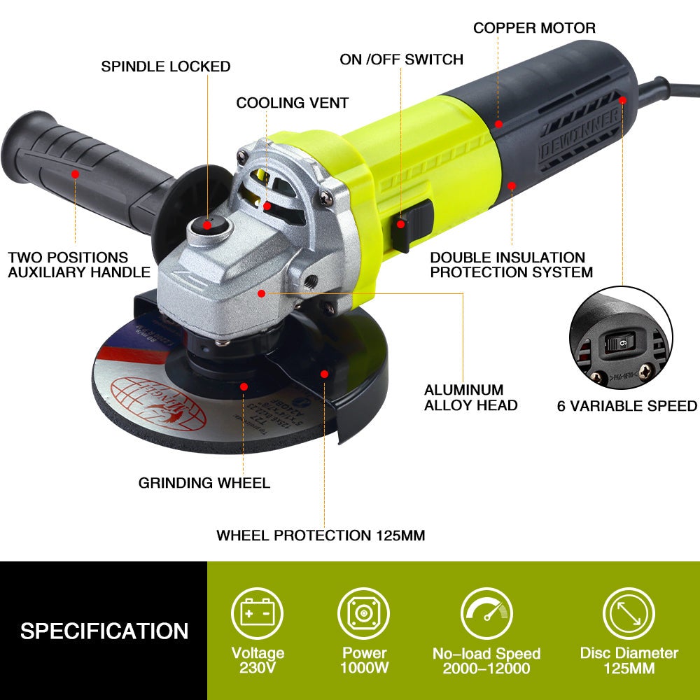 DEWINNER Meuleuse D'angle 125mm 1000W 2000-12000 trs/min Avec 20 Accessoires, Meuleuses D'angle Avec Sac à Main en Toile, Disqueuse 125 mm - 2