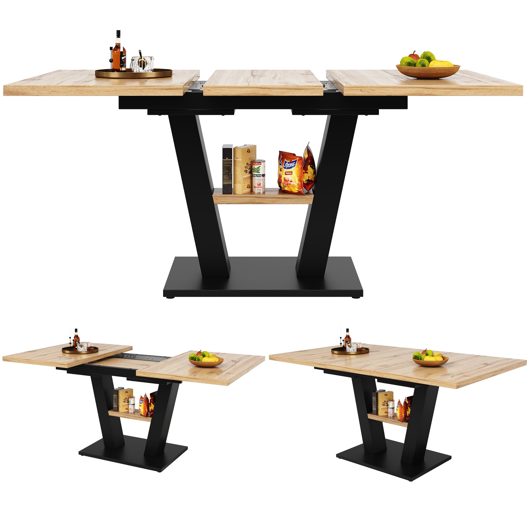 Table à manger extensible 4 à 6 couverts - 118/157 x 70 x 75 cm - Plateau extensible - MDF - Naturel + noir - 8
