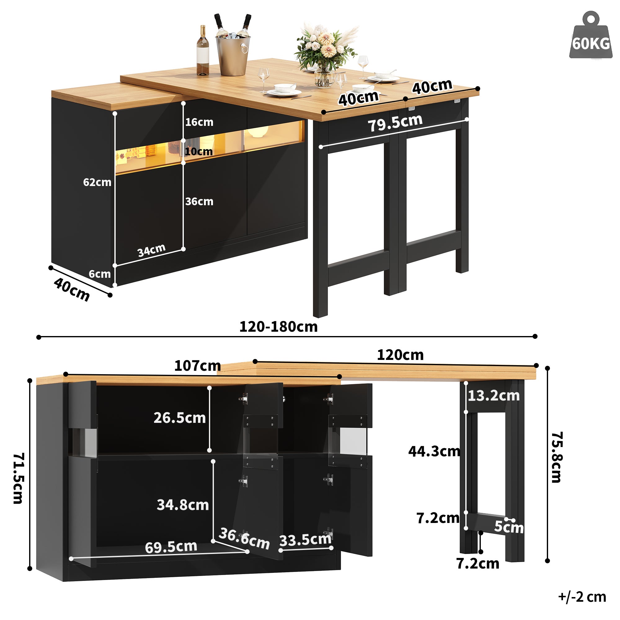 Rozkładany stół jadalny z 3 drzwiami, wyspa kuchenna - 120-180 x 40 x 71,5 cm - diody LED - czarny + naturalny - 3