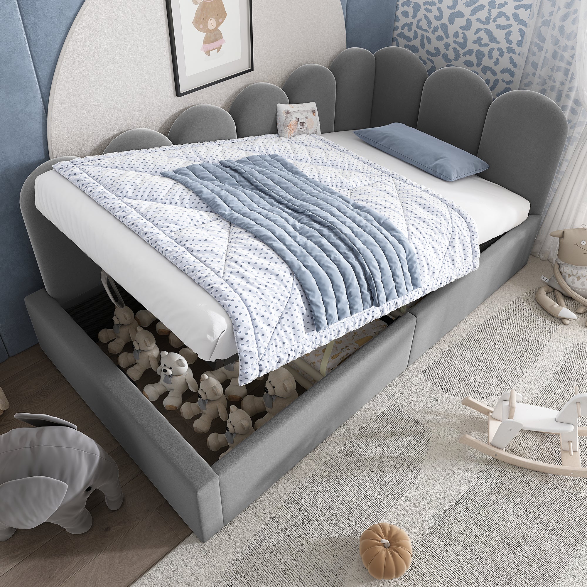 Rozkładana sofa 90 x 190 cm, z hydraulicznym schowkiem, metalowa, aksamitna, szara