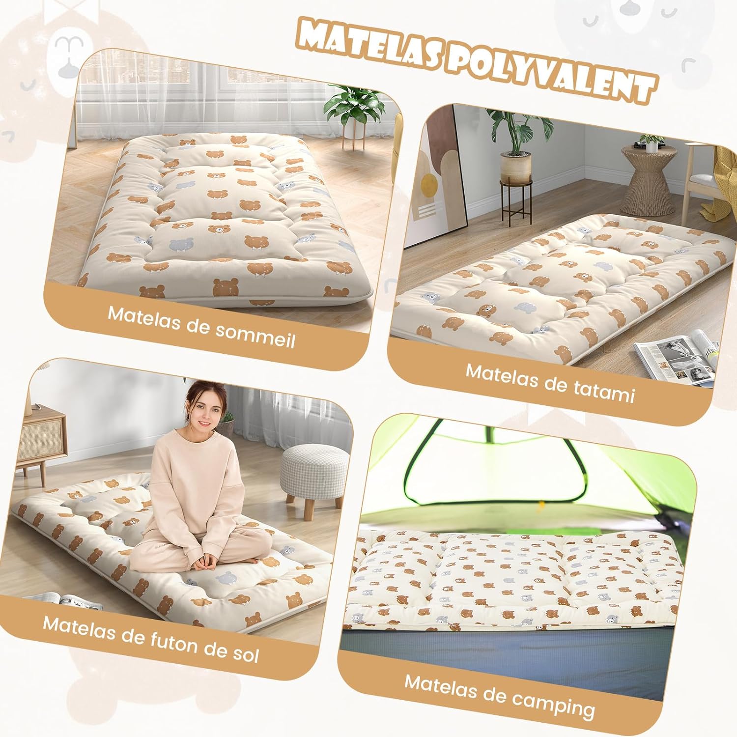 Japoński materac futon, mata tatami, materac podłogowy, składany materac z poszewką nadającą się do prania, (niedźwiedź brązowy, 90 x 200 cm) - 3