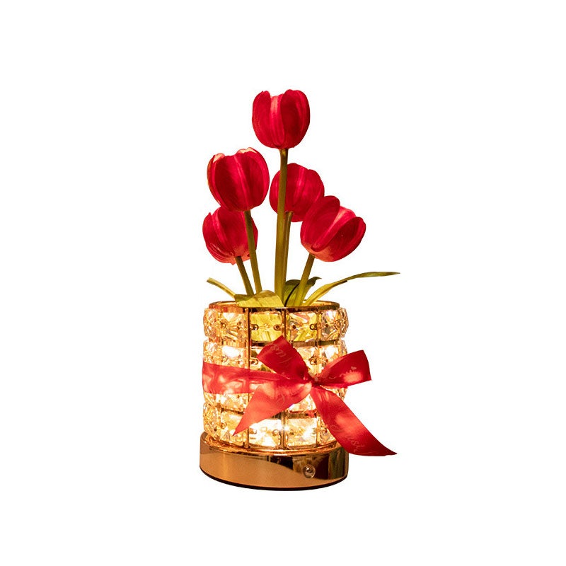 Cylindryczna lampa stołowa z 5-głowicowym kryształem w kształcie tulipana, luksusowe i eleganckie światło nastrojowe, czerwona