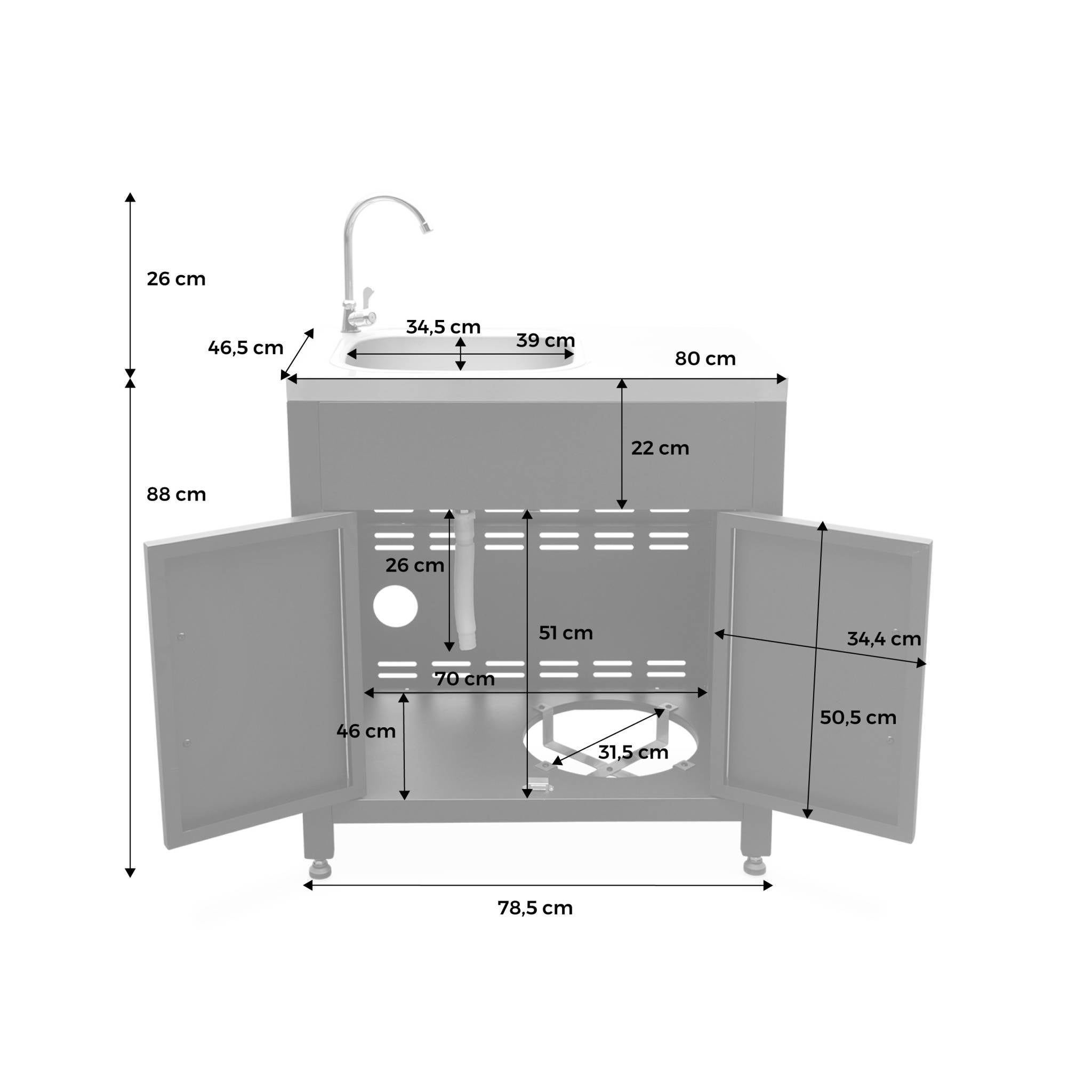 Cozinha exterior em aço com lava-loiça, 80cm, Grimaud, Preto, 52.5x80x114 cm - 4