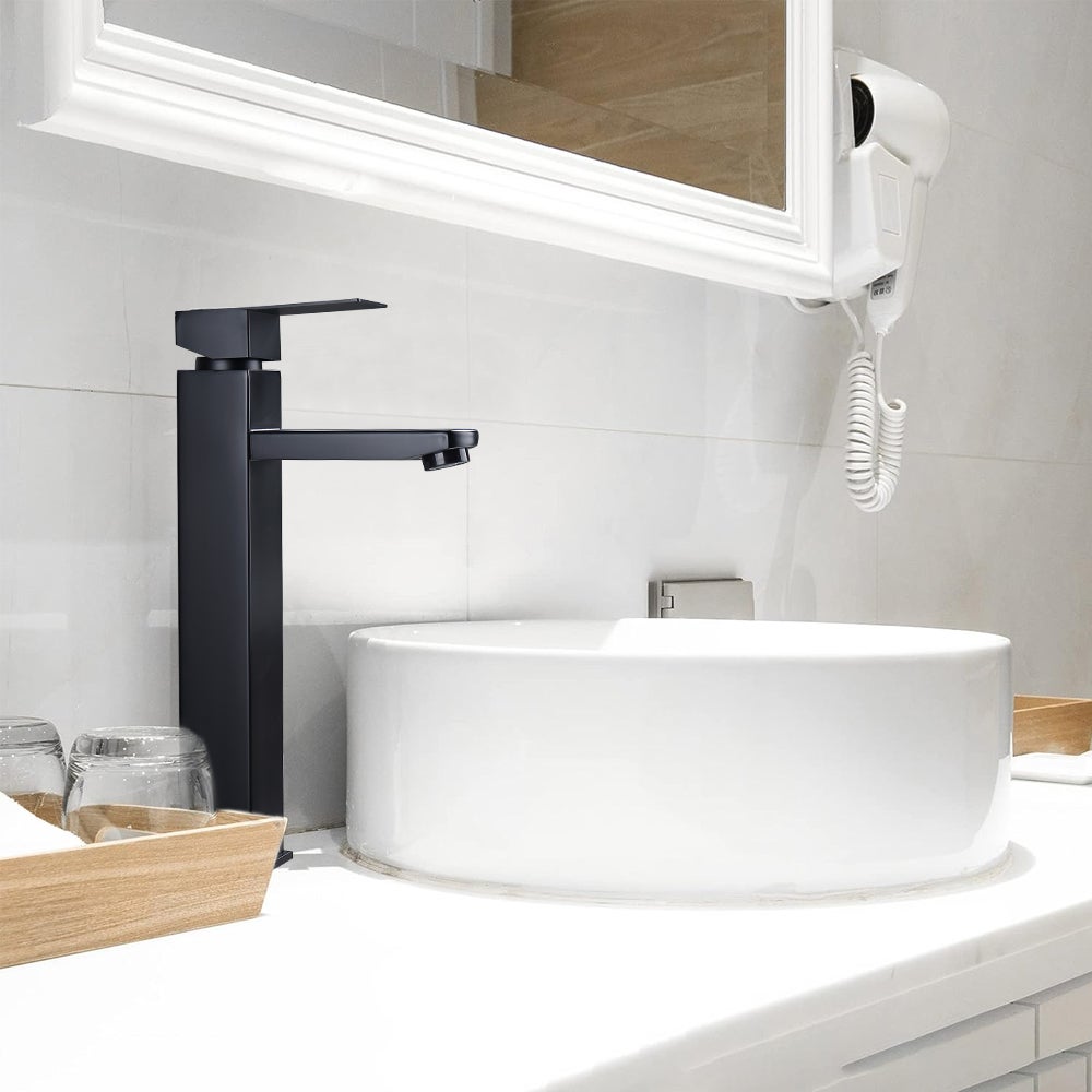 Grifo de baño negro, mezclador de baño alto para lavabo, grifo de lavabo con mango cuadrado, diseño moderno - 9