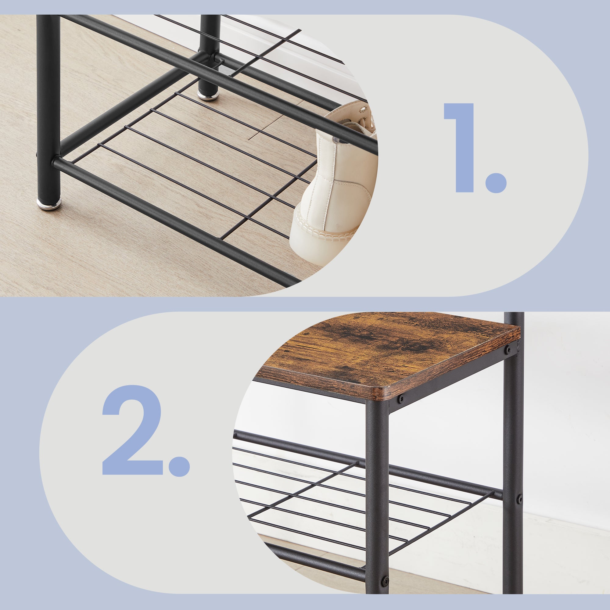 Portemanteau, 32 x 70 x 175 cm, Vestiaire avec Banc de Rangement pour Chaussures, Style Industriel, Marron et Noir - 6